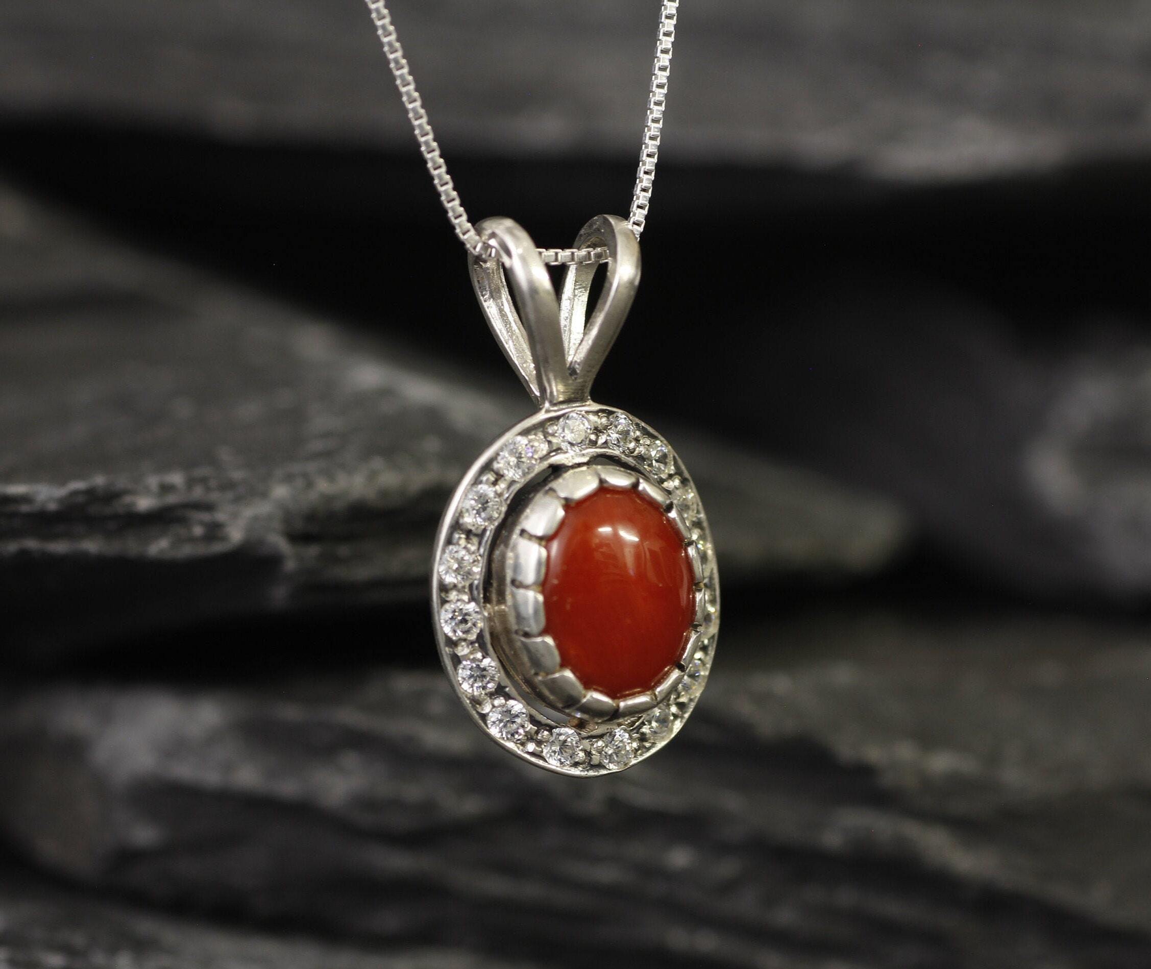Red Coral Pendant, Antique Pendant, Natural Coral, March Birthstone, Oval Pendant, Red Vintage Necklace, Coral Pendant, Solid Silver Pendant