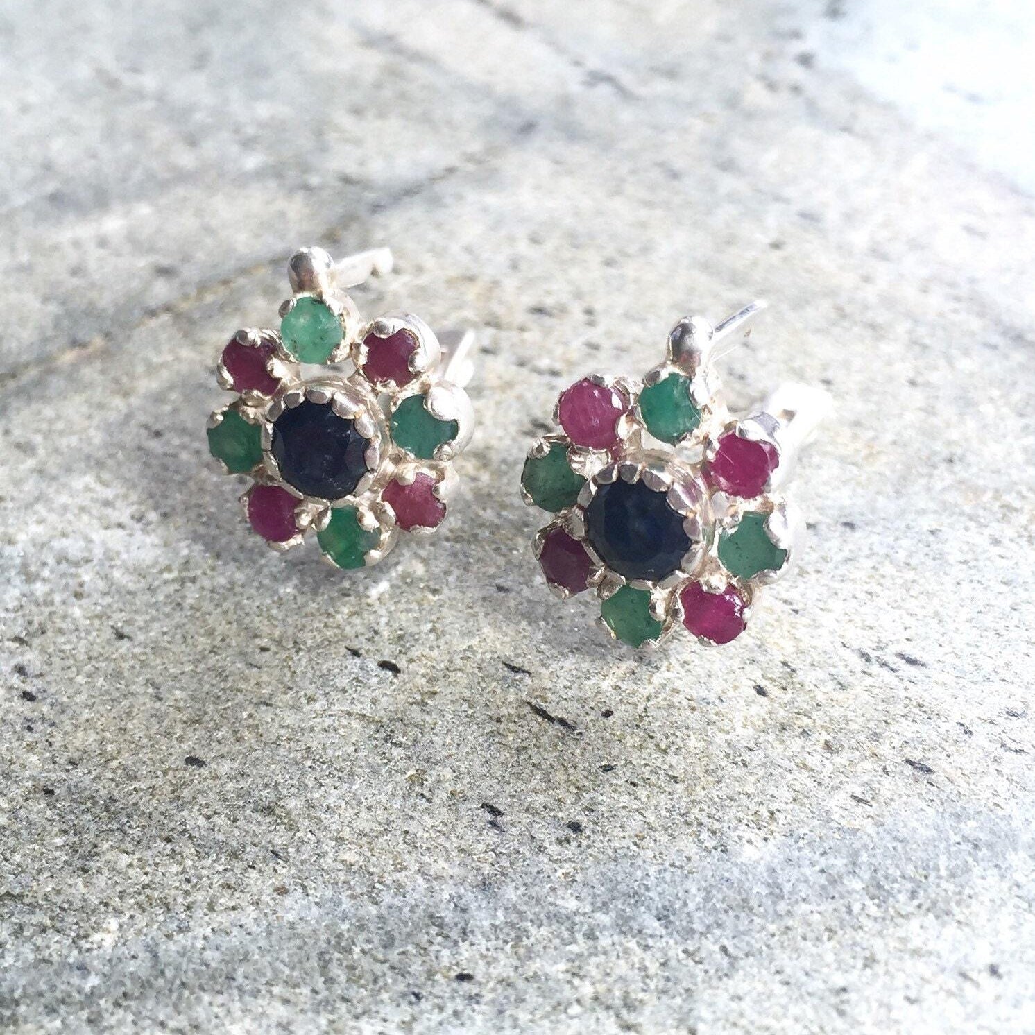 Natural Sapphire Earrings made in 925 Sterling Silver with Round Natural Blue Sapphire in Cluster setting, September Birthstone gift idea, symbolizes sincerity, truth, and faithfulness, ideal for everyday wear and perfect for birthday gifting and special occasions.