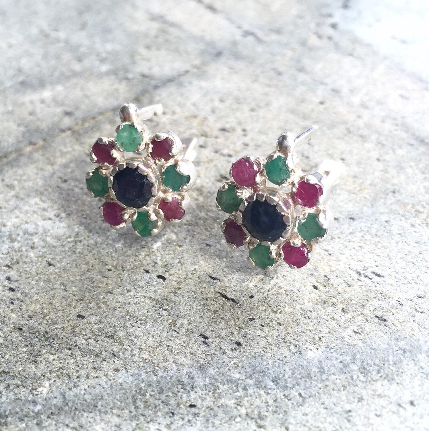 Natural Sapphire Earrings made in 925 Sterling Silver with Round Natural Blue Sapphire in Cluster setting, September Birthstone gift idea, symbolizes sincerity, truth, and faithfulness, ideal for everyday wear and perfect for birthday gifting and special occasions.