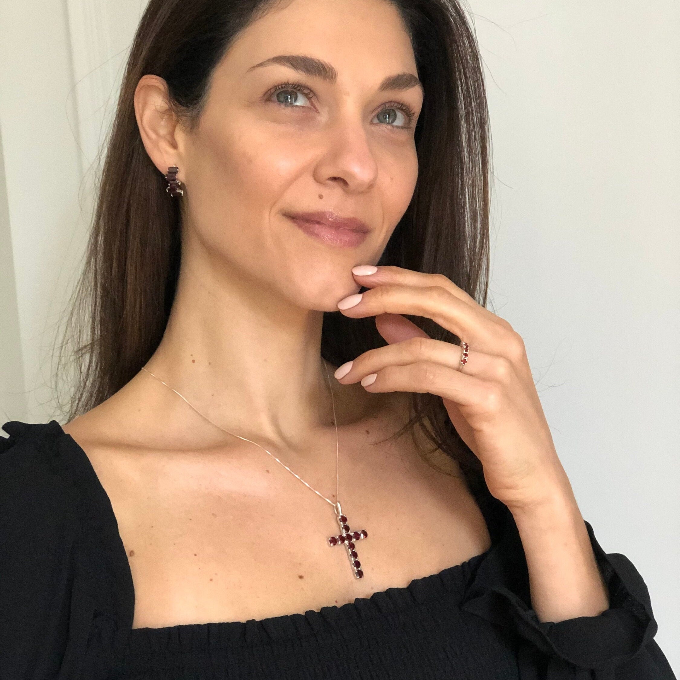 Garnet Cross, Red Cross Pendant, Cross Necklace, January Birthstone, Christian Pendant, Natural Garnet, Symbol Pendant, Solid Silver Pendant