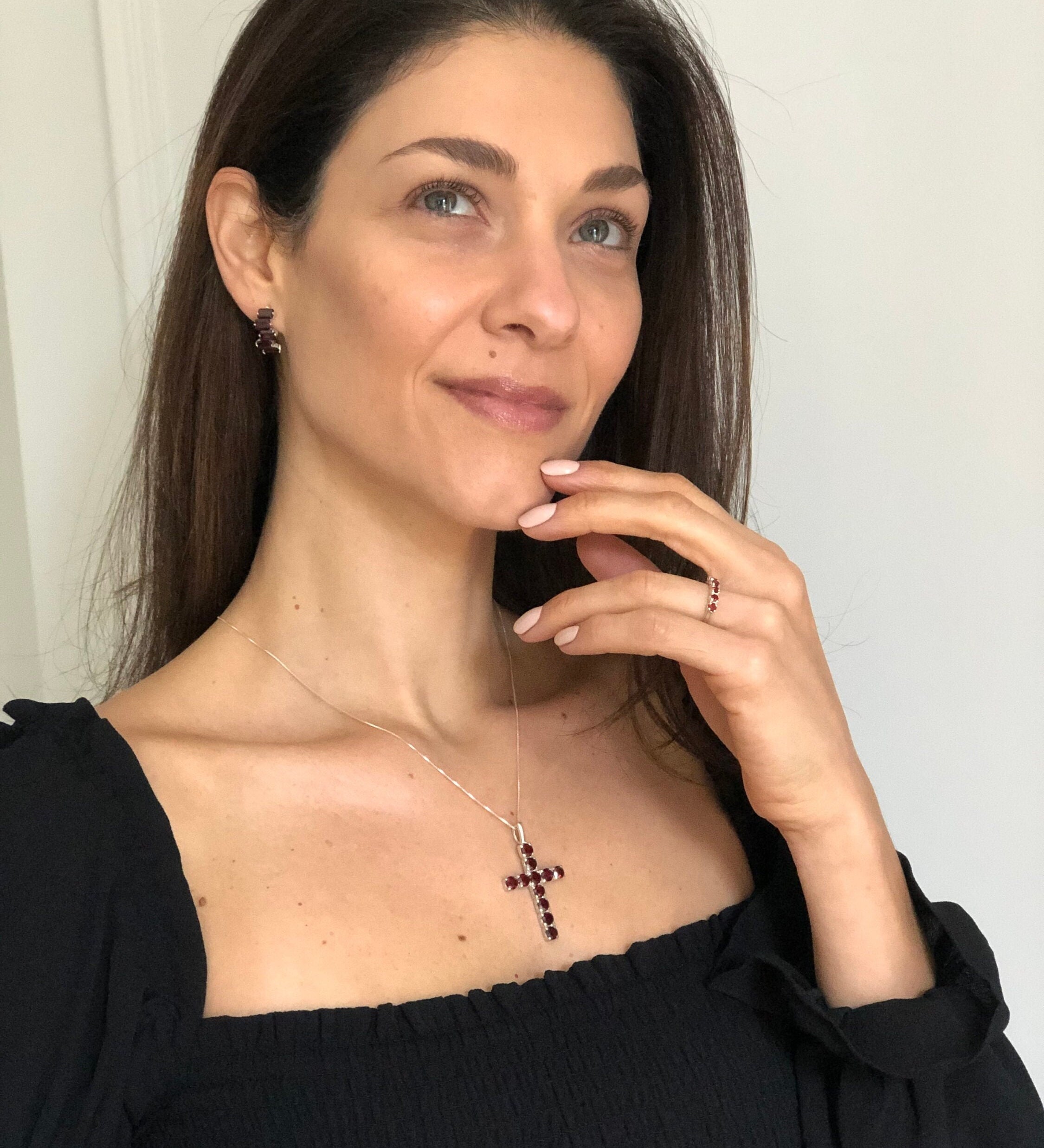 Garnet Cross, Red Cross Pendant, Cross Necklace, January Birthstone, Christian Pendant, Natural Garnet, Symbol Pendant, Solid Silver Pendant