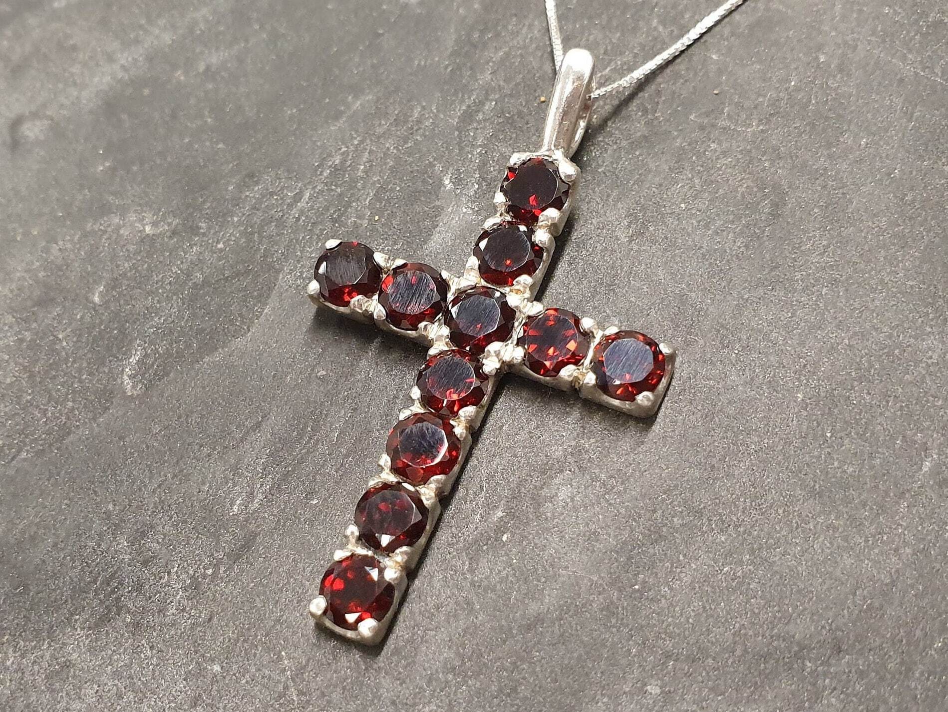 Garnet Cross, Red Cross Pendant, Cross Necklace, January Birthstone, Christian Pendant, Natural Garnet, Symbol Pendant, Solid Silver Pendant