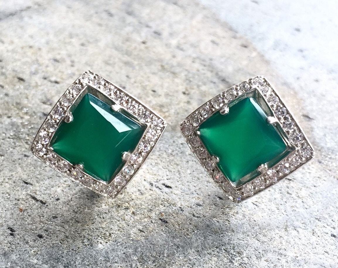 Created Emerald Earrings made in 925 Sterling Silver with Square Created Green Emerald in Halo setting, May Birthstone gift idea, symbolizes, ideal for everyday wear and perfect for birthday gifting and special occasions.