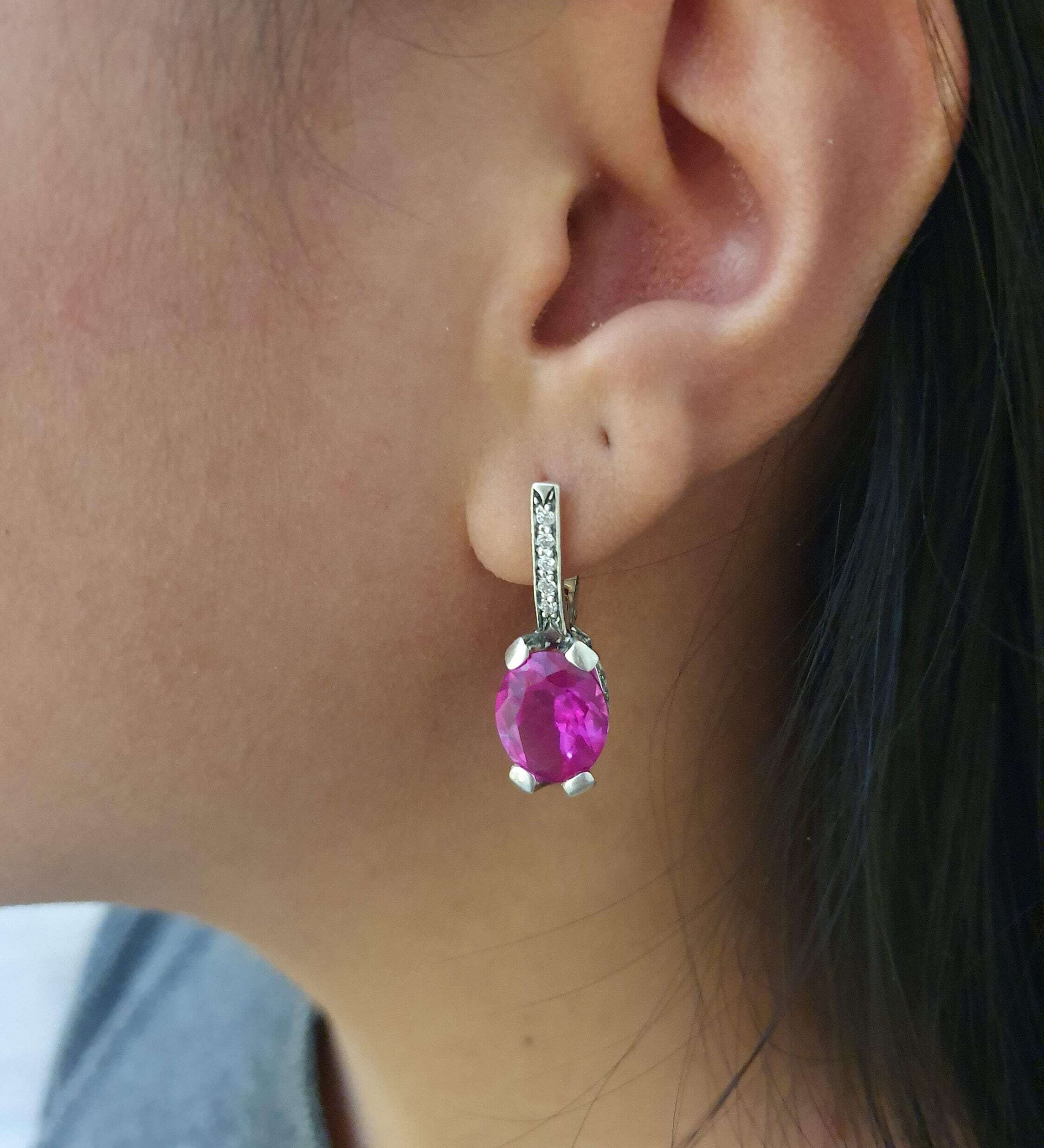 Pink Edwardian Earrings, Created Alexandrite, Alexandrite Earrings, Long Earrings, Statement Earrings, Heavy Earrings, 925 Silver Earrings