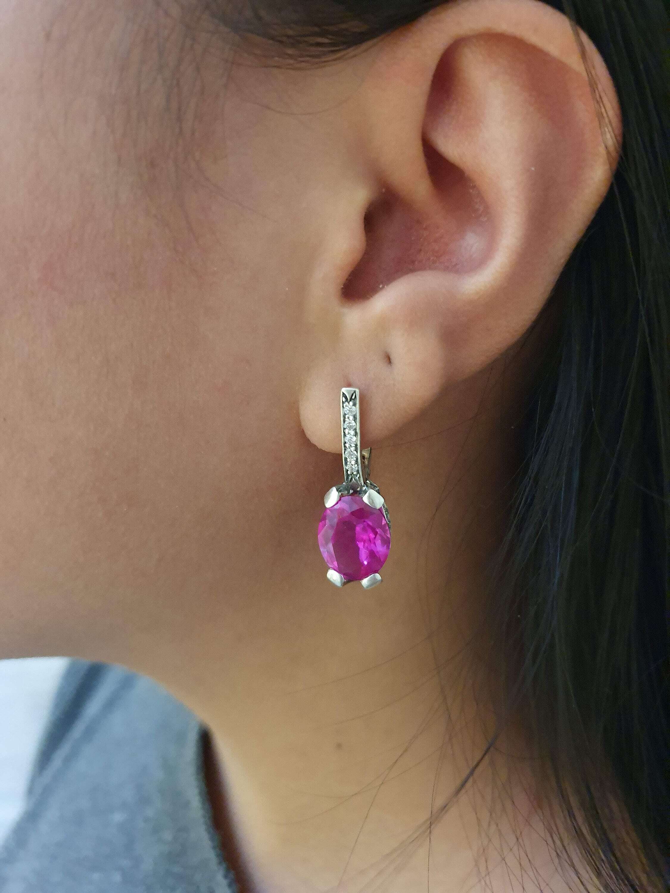 Pink Edwardian Earrings, Created Alexandrite, Alexandrite Earrings, Long Earrings, Statement Earrings, Heavy Earrings, 925 Silver Earrings