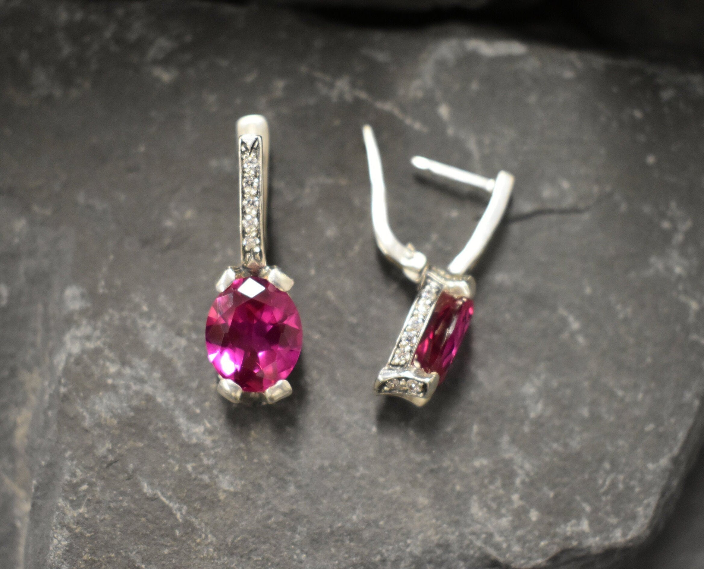 Pink Edwardian Earrings, Created Alexandrite, Alexandrite Earrings, Long Earrings, Statement Earrings, Heavy Earrings, 925 Silver Earrings