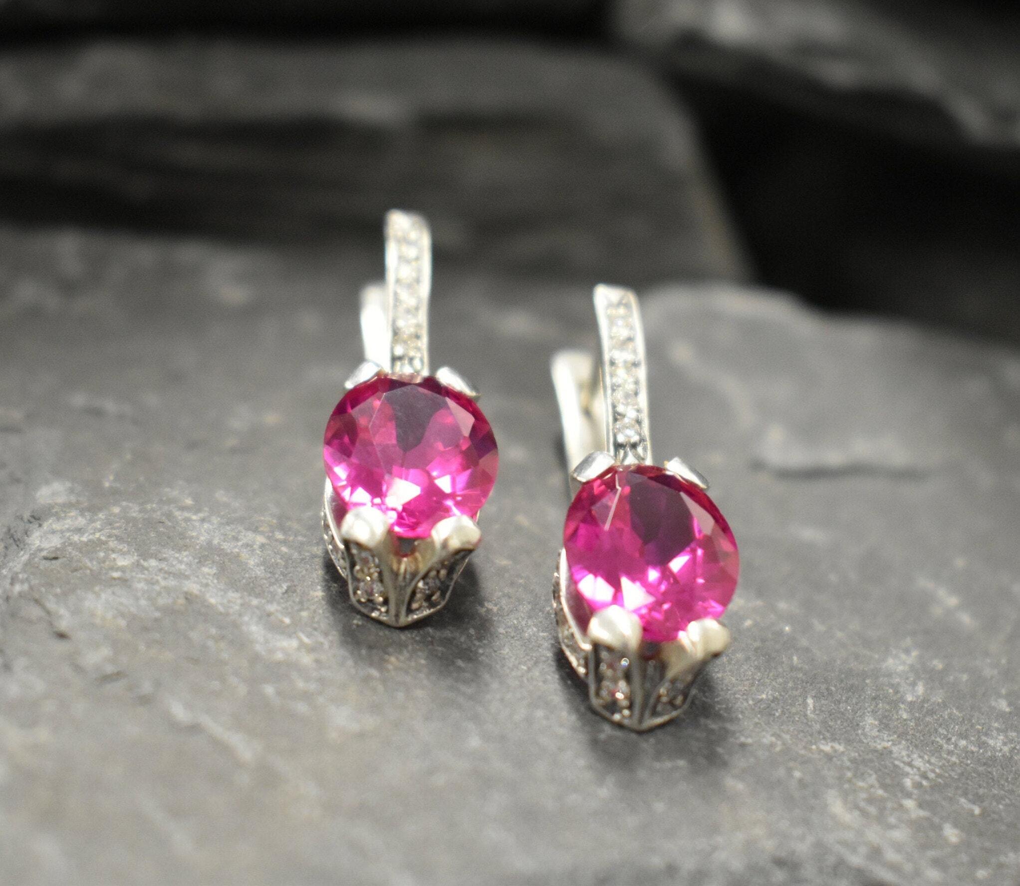 Pink Edwardian Earrings, Created Alexandrite, Alexandrite Earrings, Long Earrings, Statement Earrings, Heavy Earrings, 925 Silver Earrings