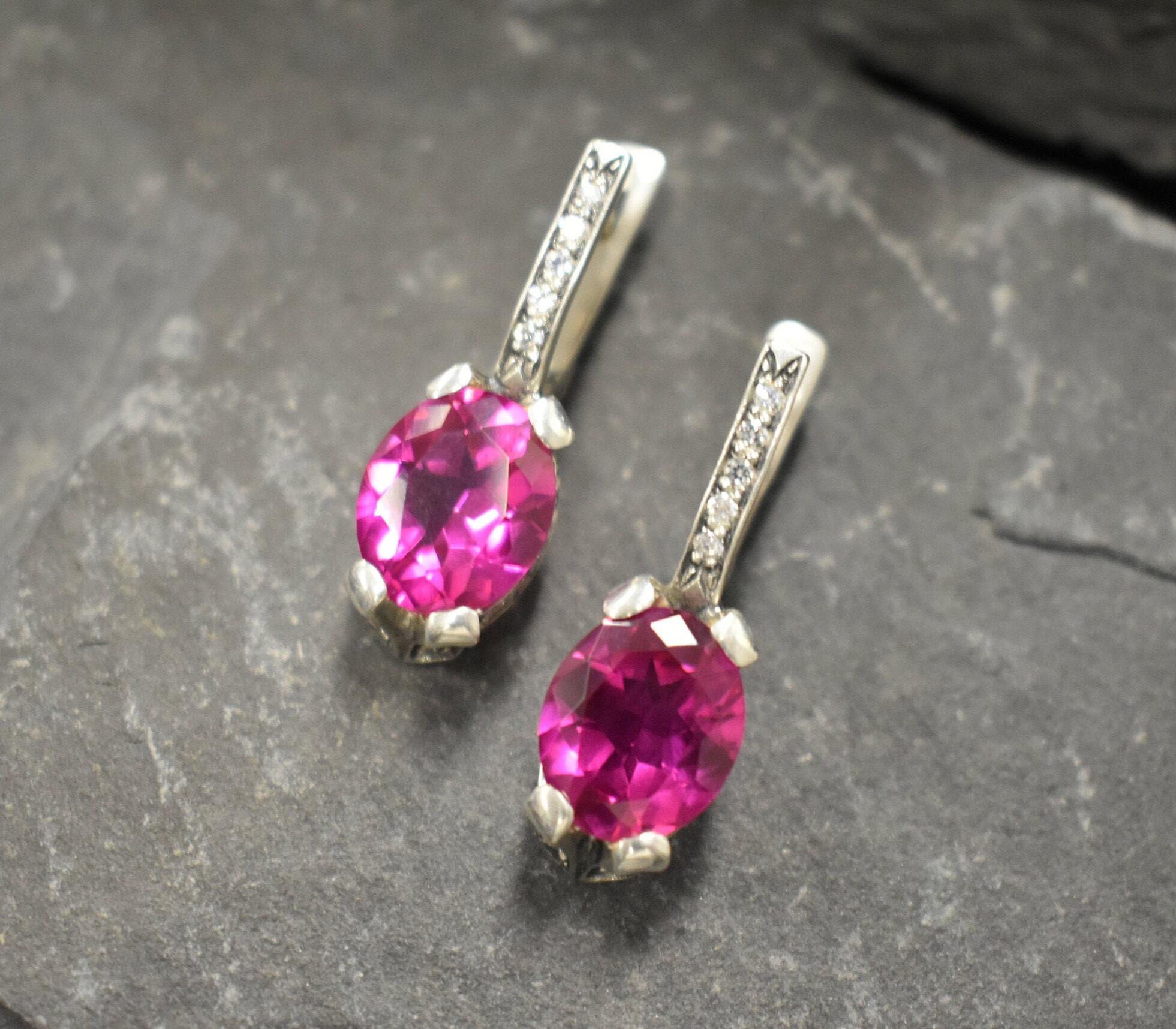 Pink Edwardian Earrings, Created Alexandrite, Alexandrite Earrings, Long Earrings, Statement Earrings, Heavy Earrings, 925 Silver Earrings