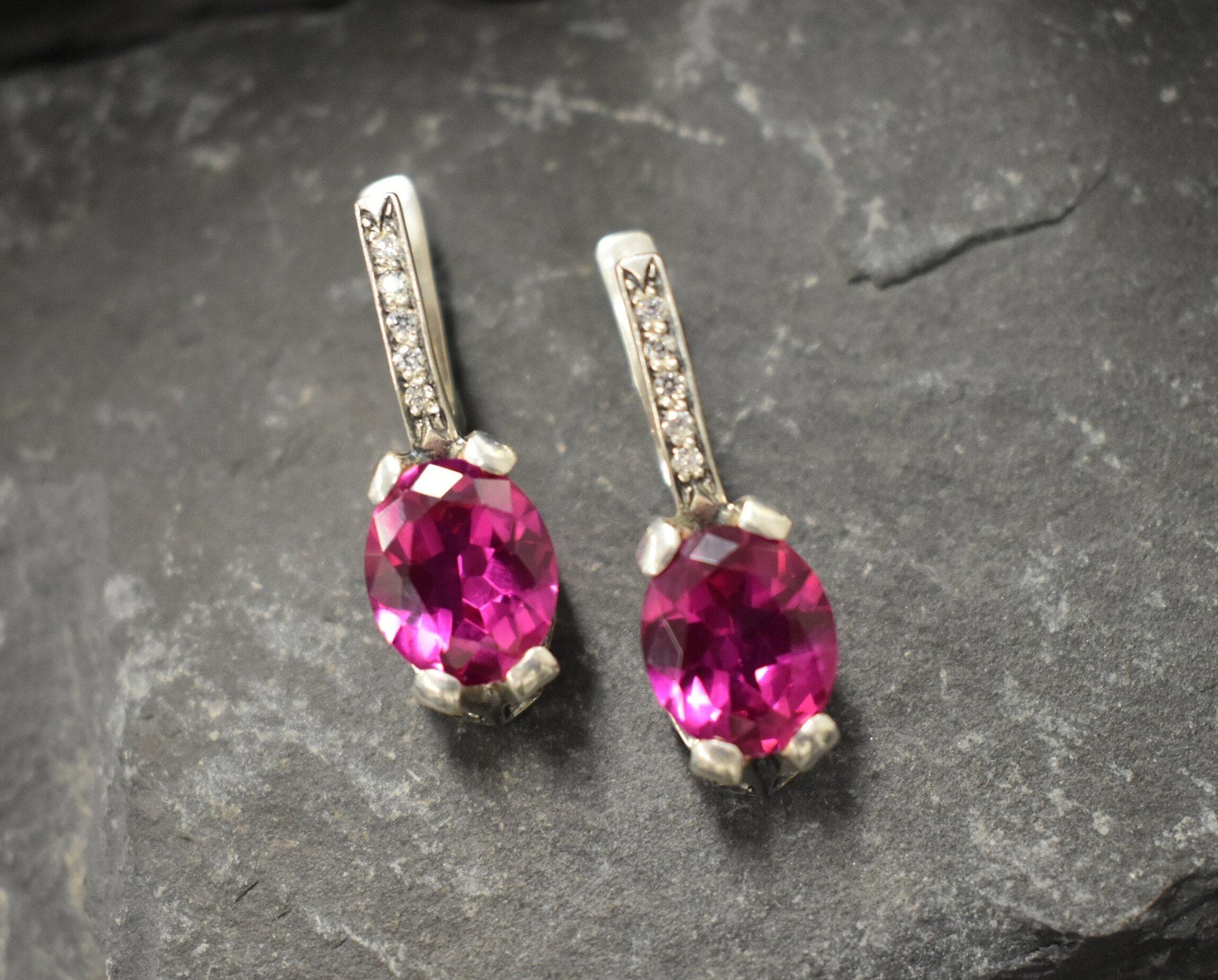 Pink Edwardian Earrings, Created Alexandrite, Alexandrite Earrings, Long Earrings, Statement Earrings, Heavy Earrings, 925 Silver Earrings