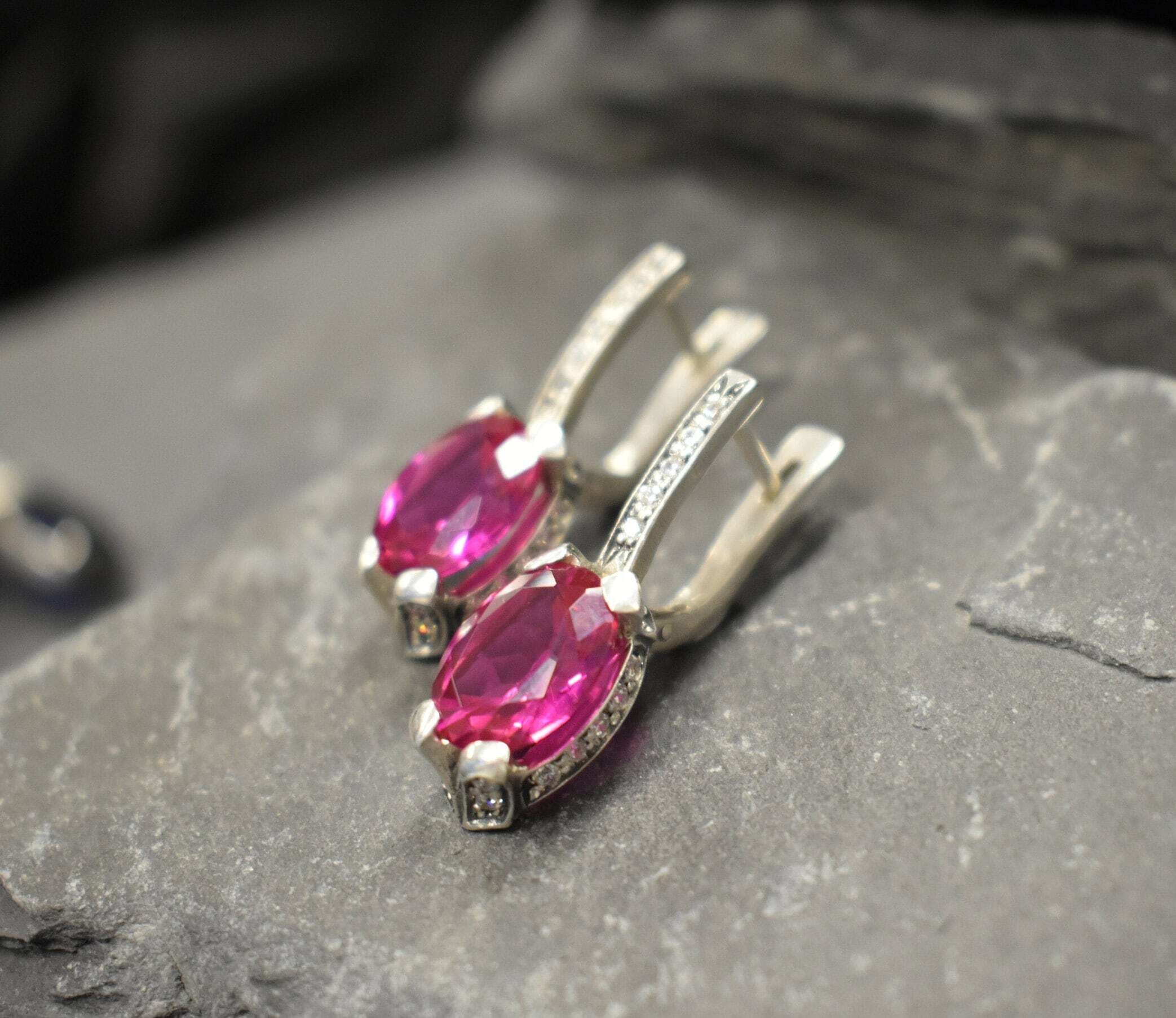 Pink Edwardian Earrings, Created Alexandrite, Alexandrite Earrings, Long Earrings, Statement Earrings, Heavy Earrings, 925 Silver Earrings