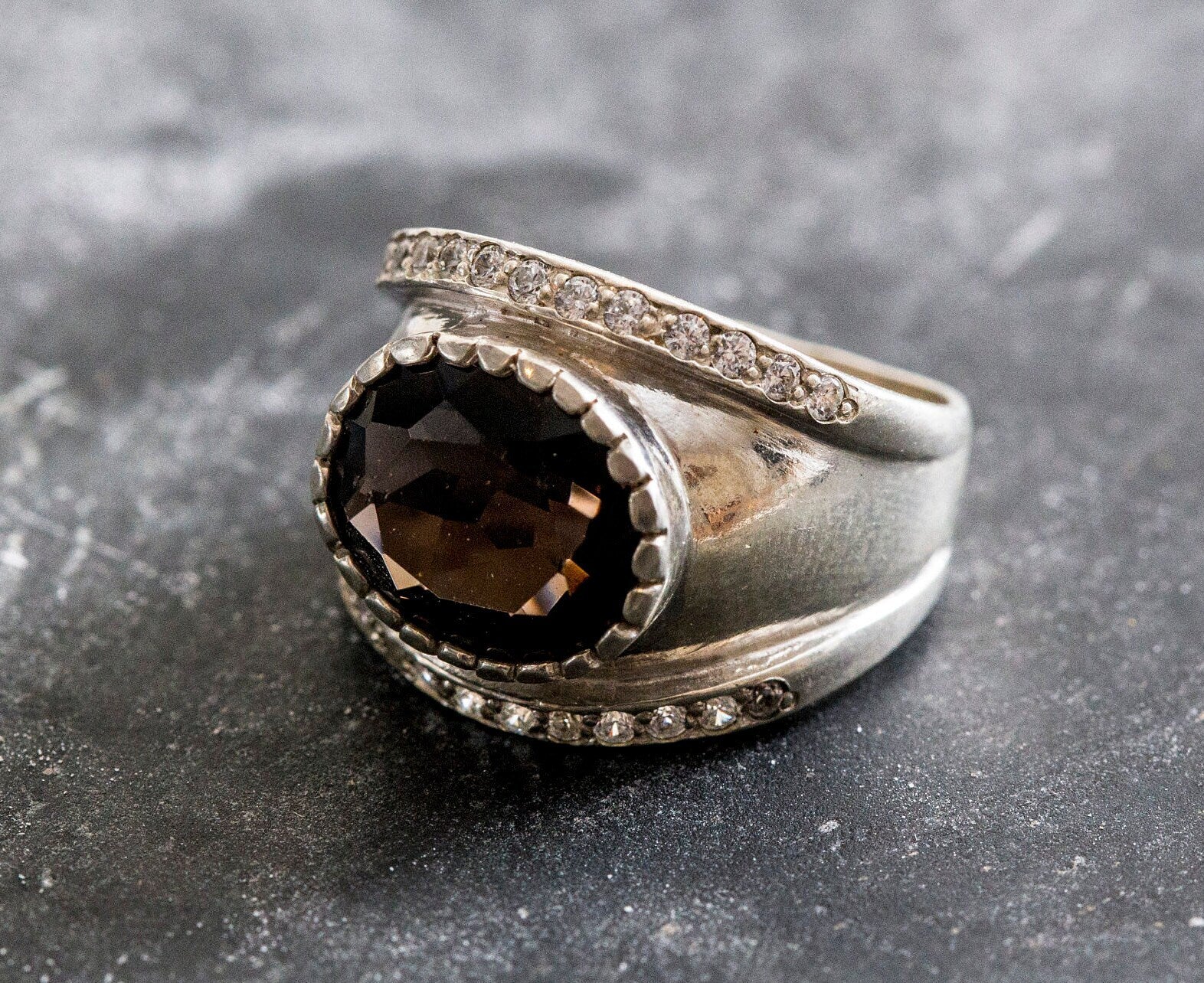 Bezel Ring, Smoky Topaz Ring, Topaz Ring, Natural Smoky Topaz, Scorpio Birthstone, Vintage Ring, Solid Silver Ring, CZ Diamonds, Smoky Topaz