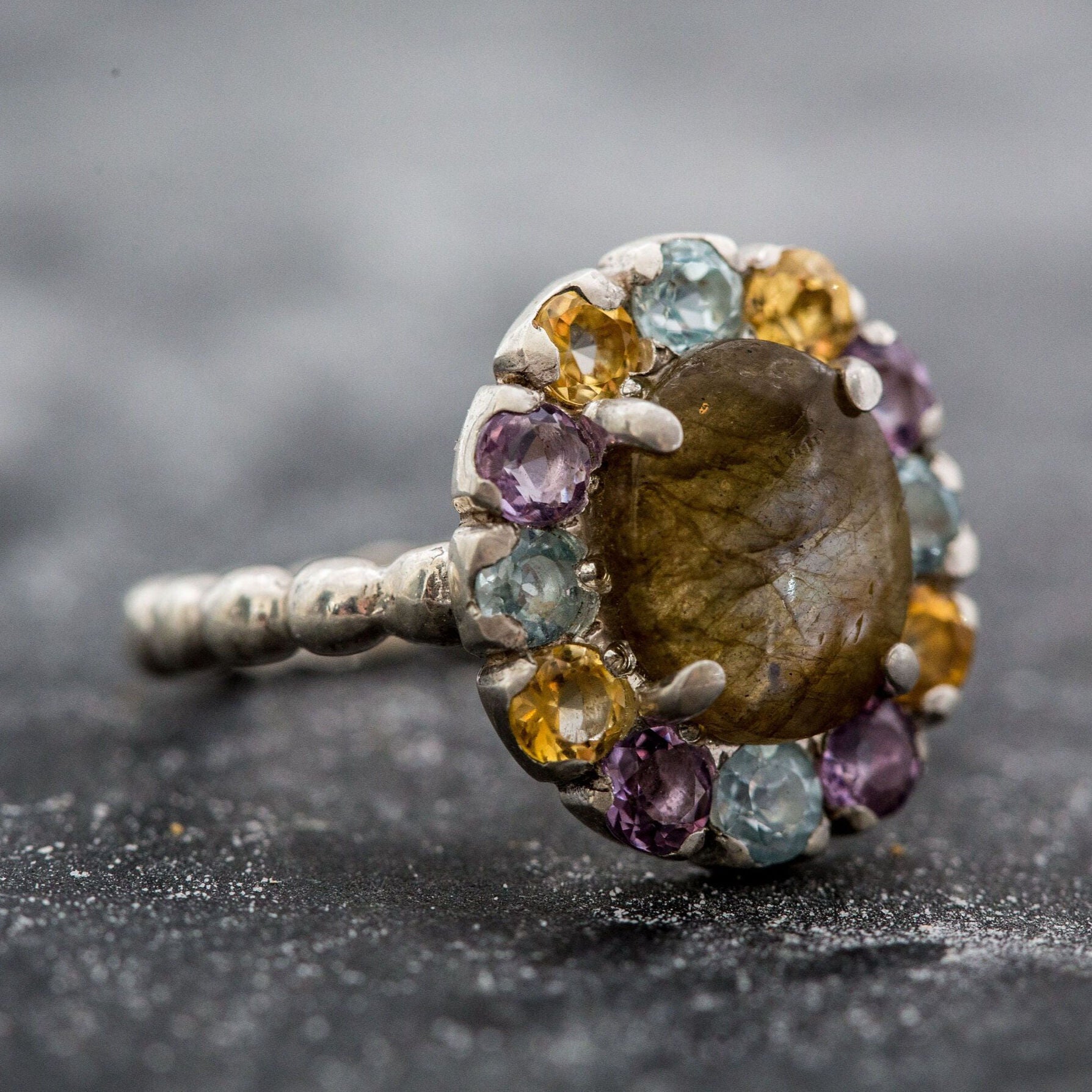 Labradorite Ring, Topaz Ring, Colorful Ring, Victorian Ring, Birthstones Ring, Solid Silver Ring, Mothers Birthstone Ring, Labradorite