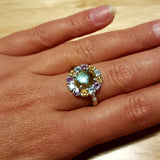 Labradorite Ring - Green Cocktail Ring - Vintage Flower Ring