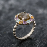 Labradorite Ring - Green Cocktail Ring - Vintage Flower Ring