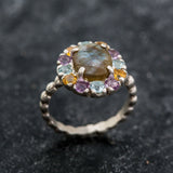 Labradorite Ring - Green Cocktail Ring - Vintage Flower Ring