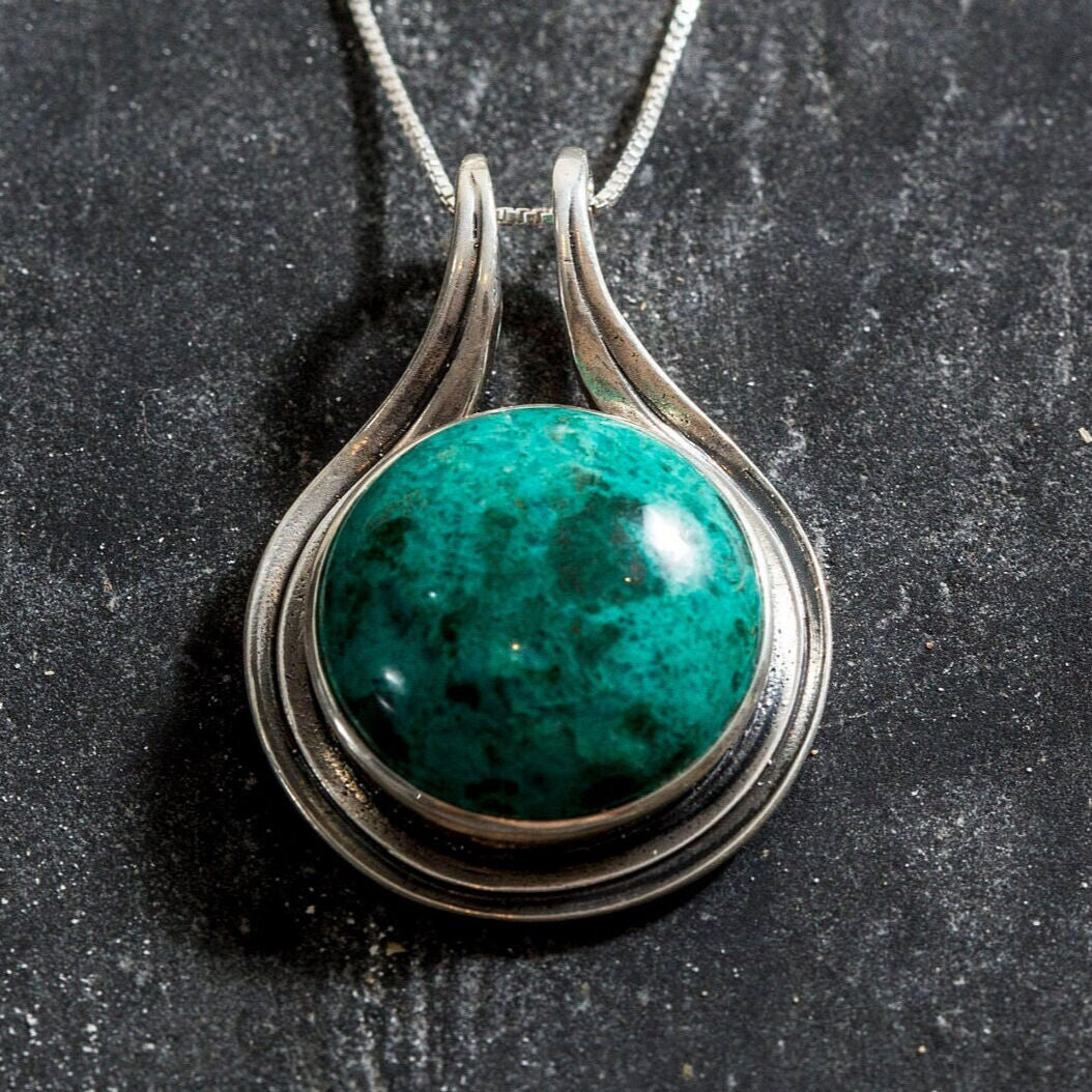 Chrysocolla Pendant, Natural Chrysocolla, Round Pendant, Sagittarius Pendant, Unique Pendant, Blue Pendant, Silver Pendant, Chrysocolla