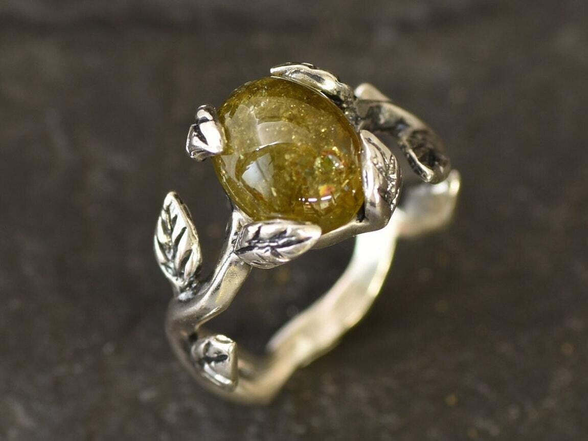 Green Tourmaline Ring, Natural Tourmaline, Green Leaf Ring, October Birthstone, Branch Ring, Vintage Ring, Bohemian Ring, Solid Silver Ring