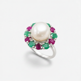 Pearl Ruby Emerald Ring - Natural Pearl Ring - Flower Halo Ring