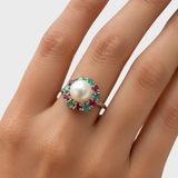 Pearl Ruby Emerald Ring - Natural Pearl Ring - Flower Halo Ring