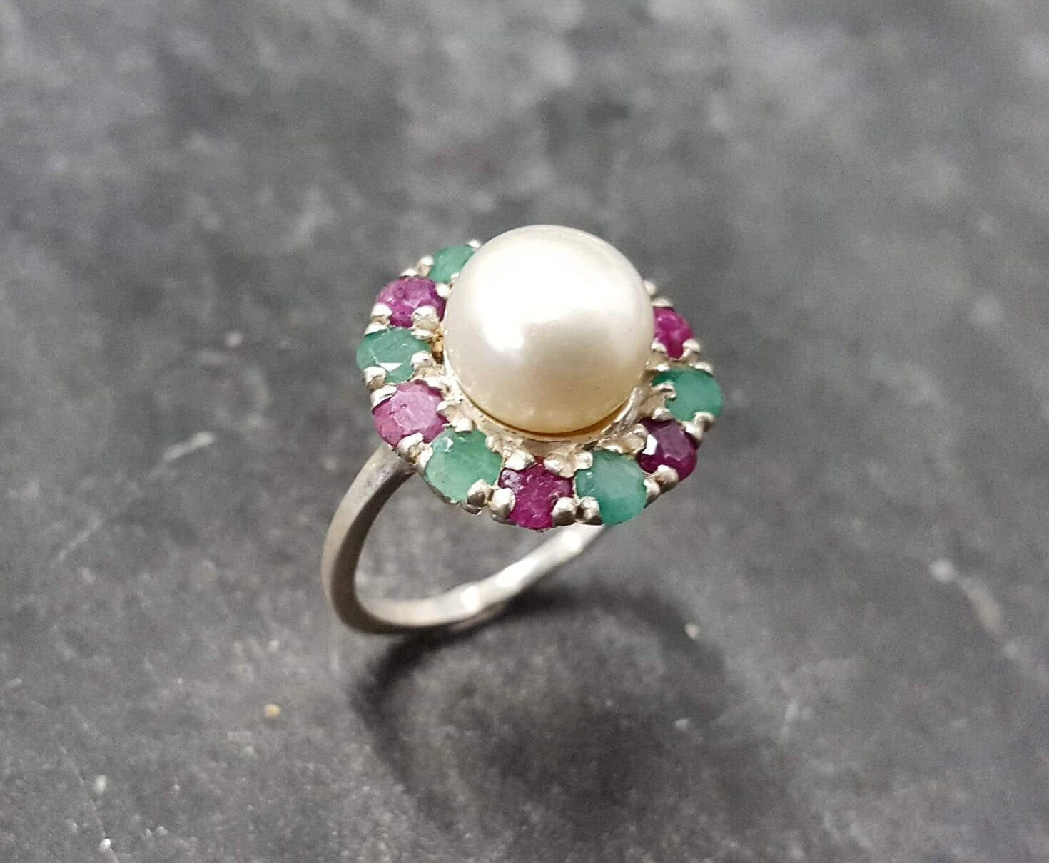 Pearl Ring, Natural Pearl, Vintage Ring, June Birthstone, Natural Ring, White Ring, Birthstone Ring, Ruby, Emerald, Solid Silver Ring