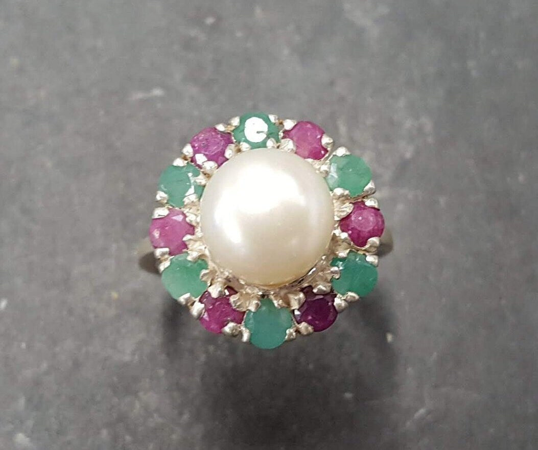 Pearl Ring, Natural Pearl, Vintage Ring, June Birthstone, Natural Ring, White Ring, Birthstone Ring, Ruby, Emerald, Solid Silver Ring