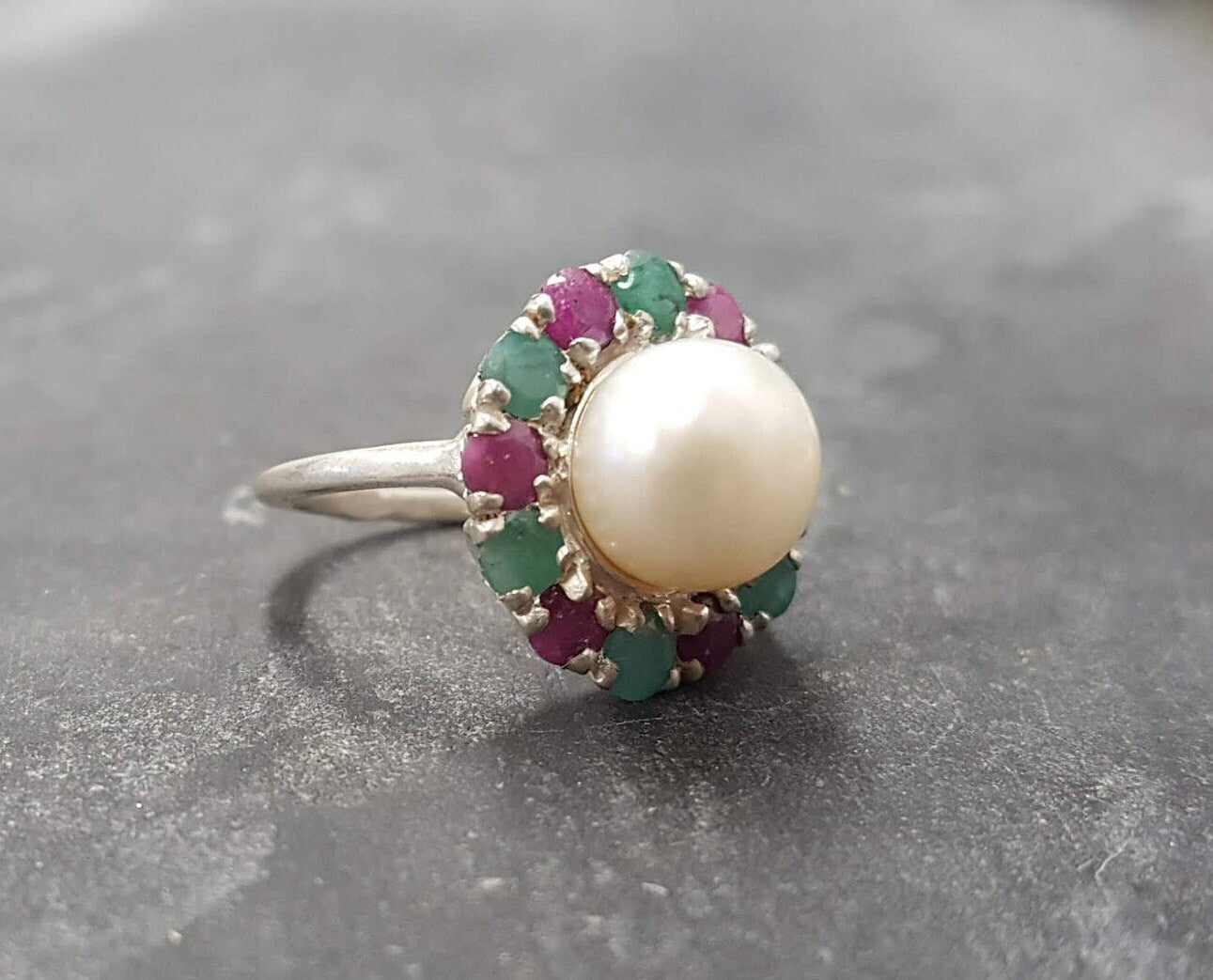 Pearl Ring, Natural Pearl, Vintage Ring, June Birthstone, Natural Ring, White Ring, Birthstone Ring, Ruby, Emerald, Solid Silver Ring