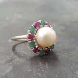 Pearl Ruby Emerald Ring - Natural Pearl Ring - Flower Halo Ring
