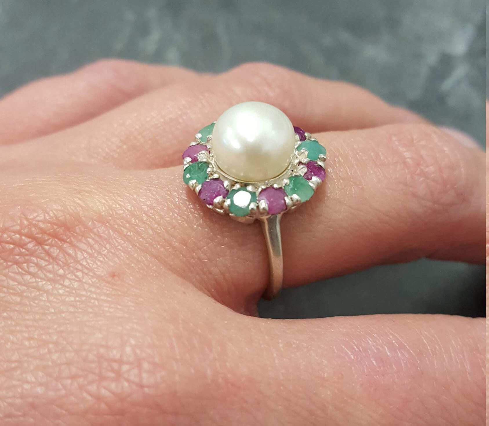 Pearl Ring, Natural Pearl, Vintage Ring, June Birthstone, Natural Ring, White Ring, Birthstone Ring, Ruby, Emerald, Solid Silver Ring