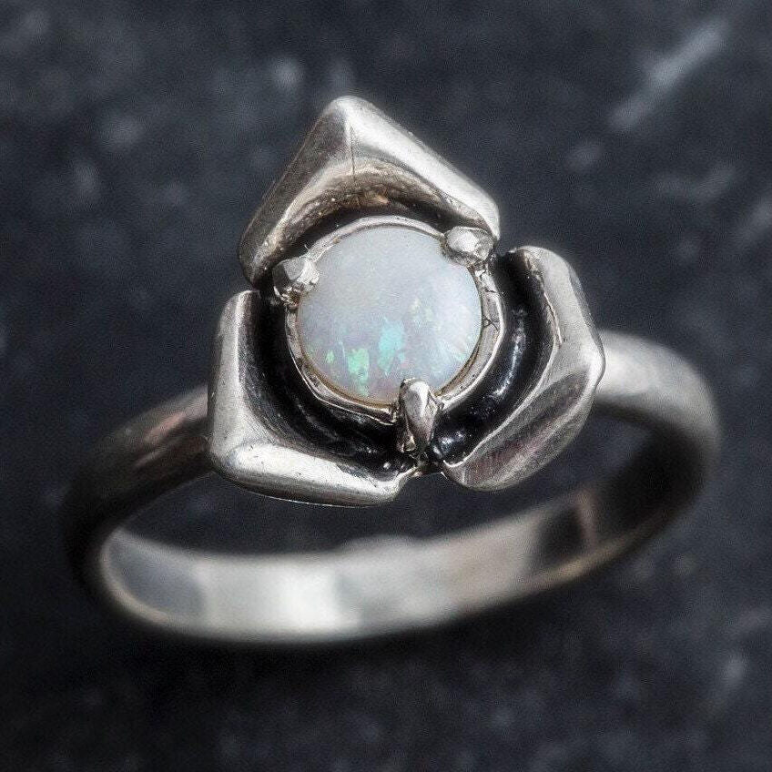 Natural Australian Opal Ring made in 925 Sterling Silver with Round Natural White Australian Opal in setting, October Birthstone gift idea, symbolizes hope, purity, and truth, ideal for everyday wear and perfect for birthday gifting and special occasions.