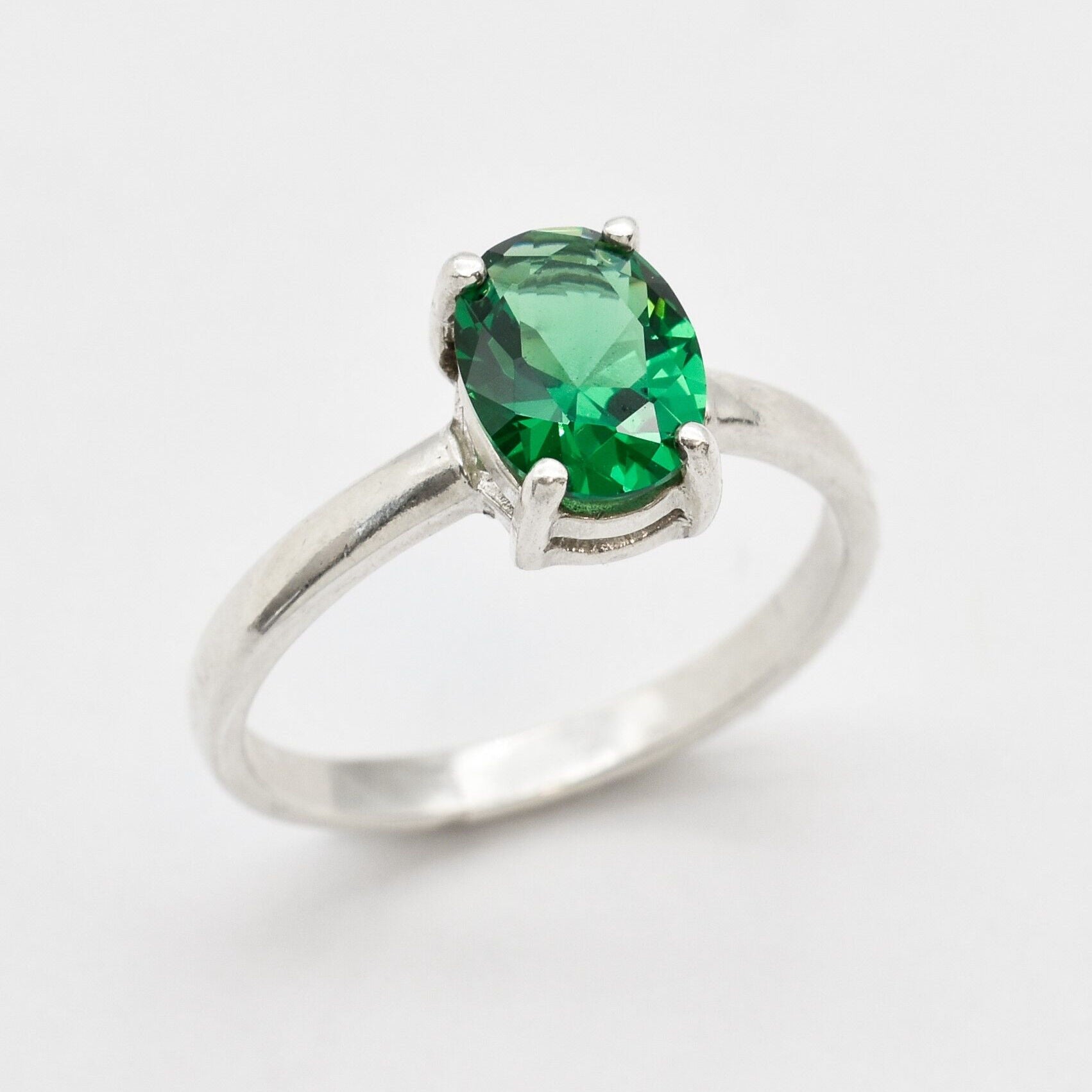 Created Emerald Ring made in 925 Sterling Silver with Oval Created Green Emerald in Prong setting, May Birthstone gift idea, symbolizes, ideal for everyday wear and perfect for birthday gifting and special occasions.