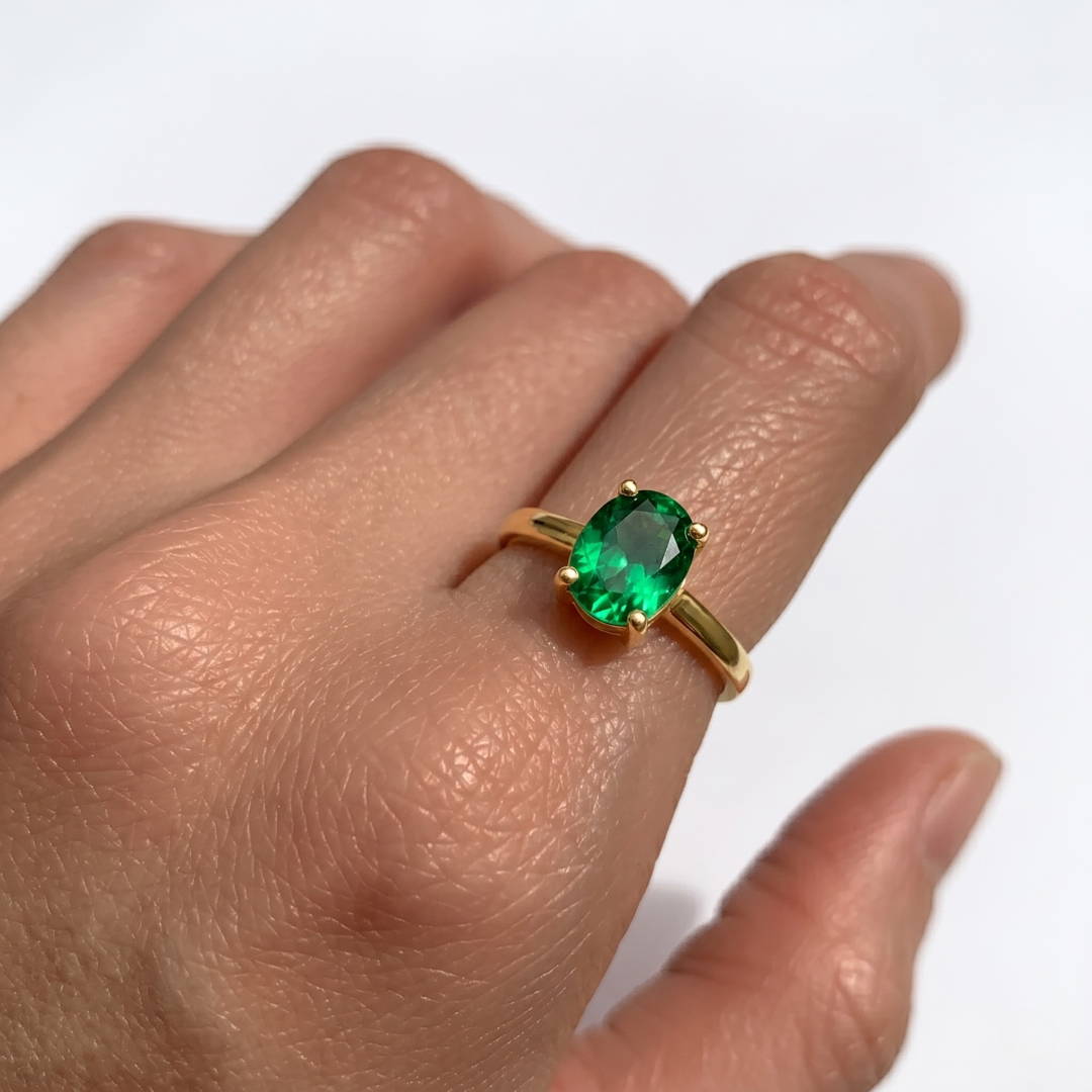 Elegant 18k Gold Vermeil ring featuring a stunning Oval Created Green Emerald, perfect for birthdays and special occasions.