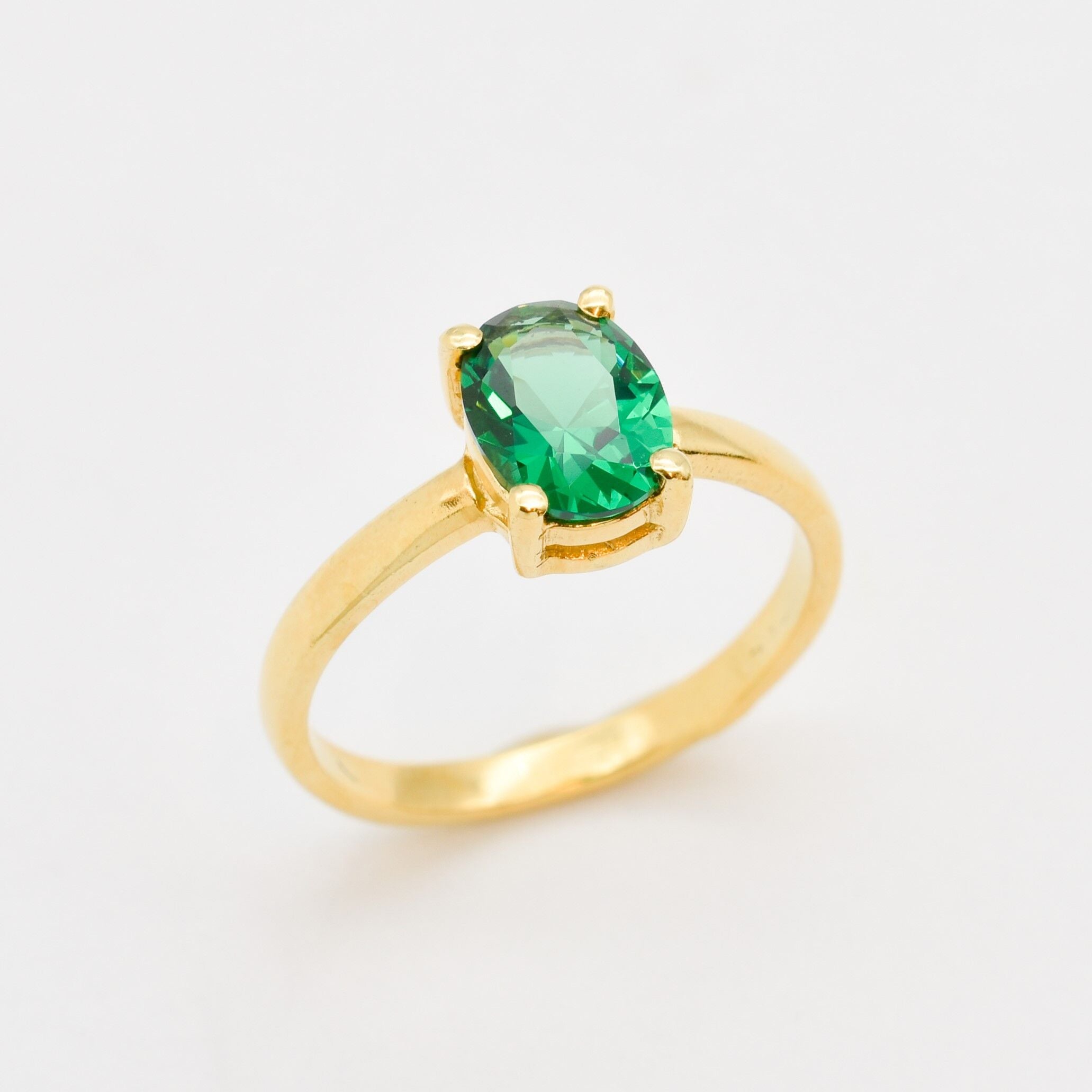 Created Emerald Ring made in 18k Gold Vermeil with Oval Created Green Emerald in Prong setting, May Birthstone gift idea, symbolizes, ideal for everyday wear and perfect for birthday gifting and special occasions.