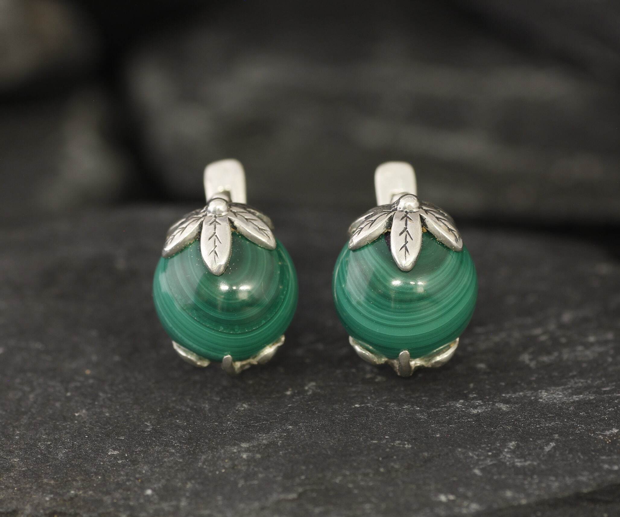 Green Leaf Earrings, Malachite Studs, Natural Malachite, Flower Earrings, Green Vintage Earrings, Round Ball Earrings, Solid Silver Earrings