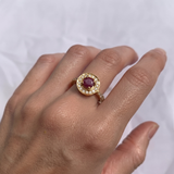 Elegant 18k Gold Vermeil ring featuring a round natural red ruby in a stunning halo setting, perfect for birthdays and special occasions.
