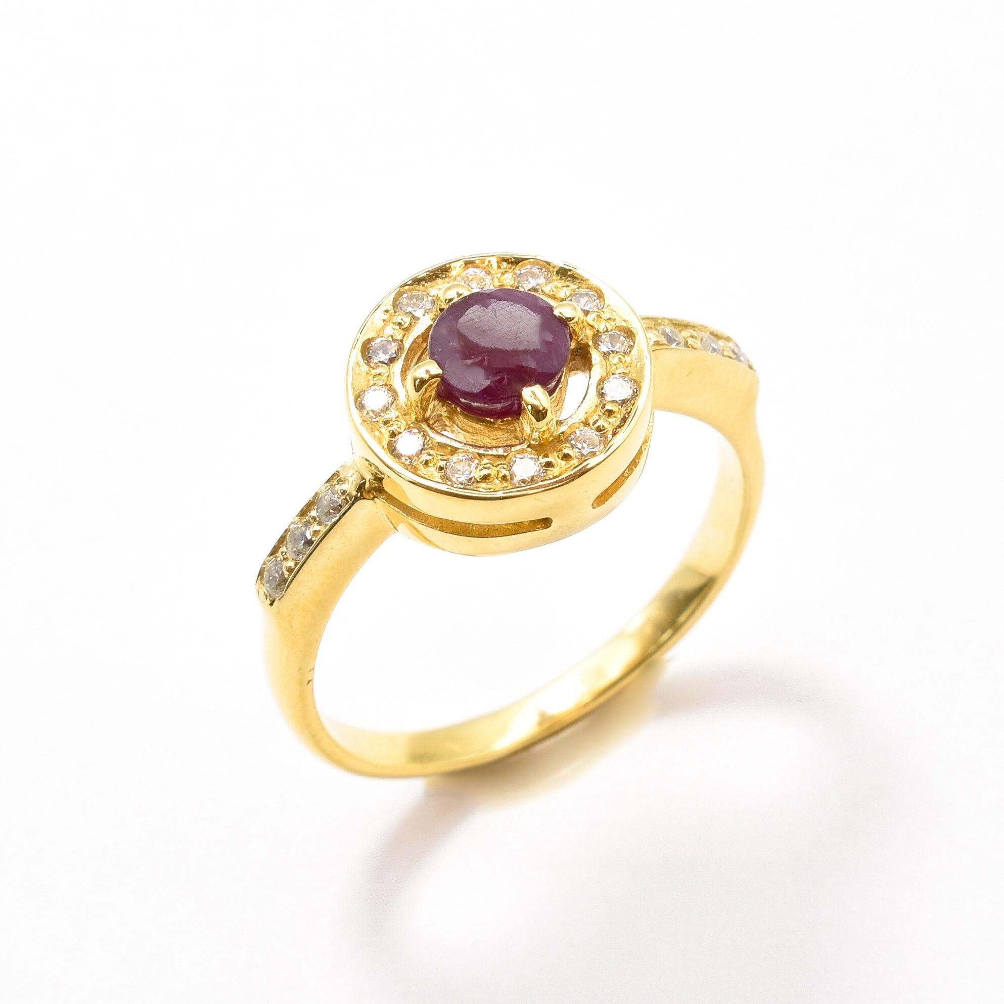 Natural Ruby Ring made in 18k Gold Vermeil with Round Natural Red Ruby in Halo setting, July Birthstone gift idea, symbolizes nobility, purity, and passion, ideal for everyday wear and perfect for birthday gifting and special occasions.