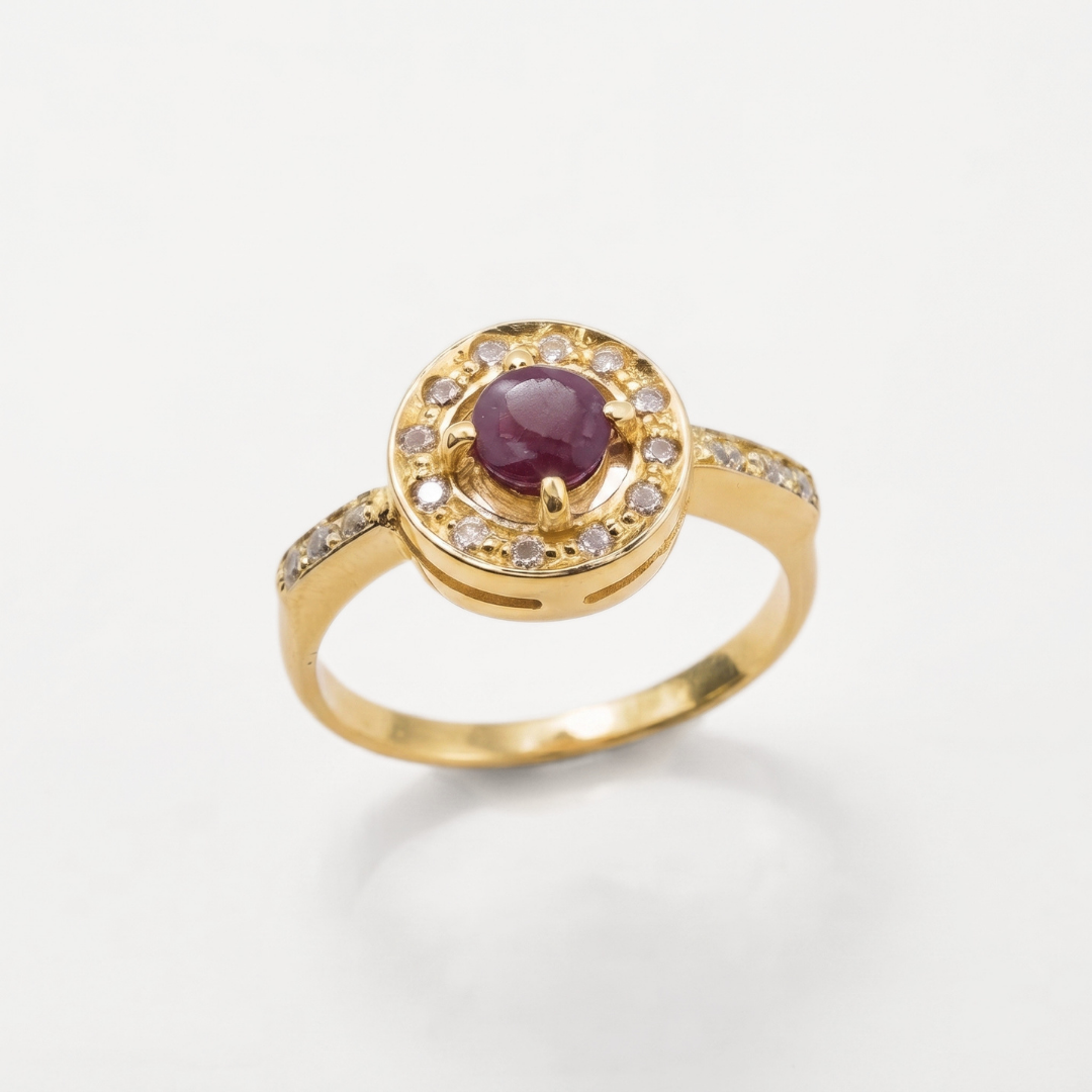Natural Ruby Ring made in 18k Gold Vermeil with Round Natural Red Ruby in Halo setting, July Birthstone gift idea, symbolizes nobility, purity, and passion, ideal for everyday wear and perfect for birthday gifting and special occasions.