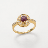 Natural Ruby Ring made in 18k Gold Vermeil with Round Natural Red Ruby in Halo setting, July Birthstone gift idea, symbolizes nobility, purity, and passion, ideal for everyday wear and perfect for birthday gifting and special occasions.