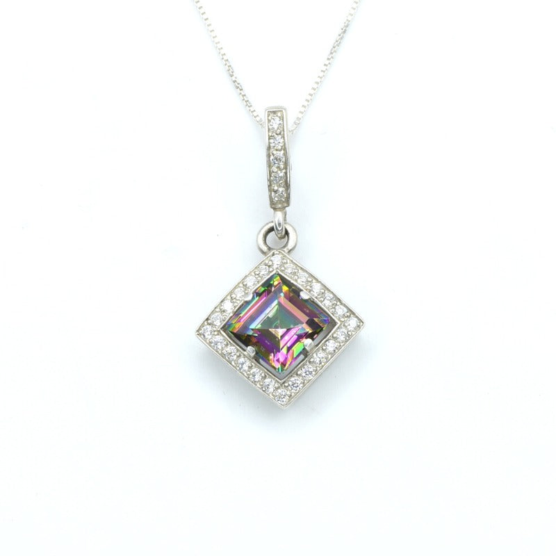 Mystic Topaz Pendant, Natural Mystic Topaz, Antique Pendant, Square Necklace, Purple Necklace, December Birthstone, Sterling Silver Pendant