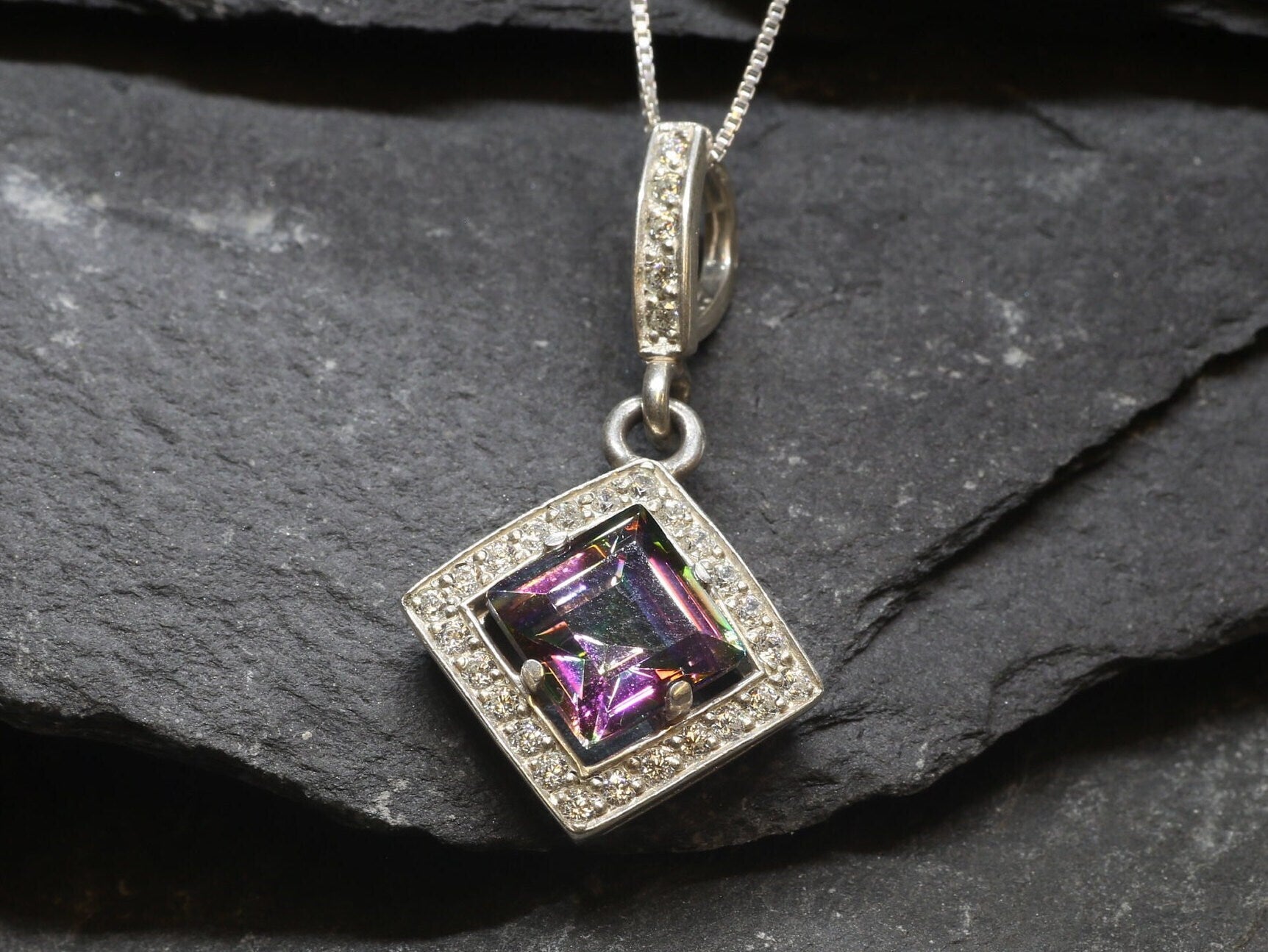 Mystic Topaz Pendant, Natural Mystic Topaz, Antique Pendant, Square Necklace, Purple Necklace, December Birthstone, Sterling Silver Pendant