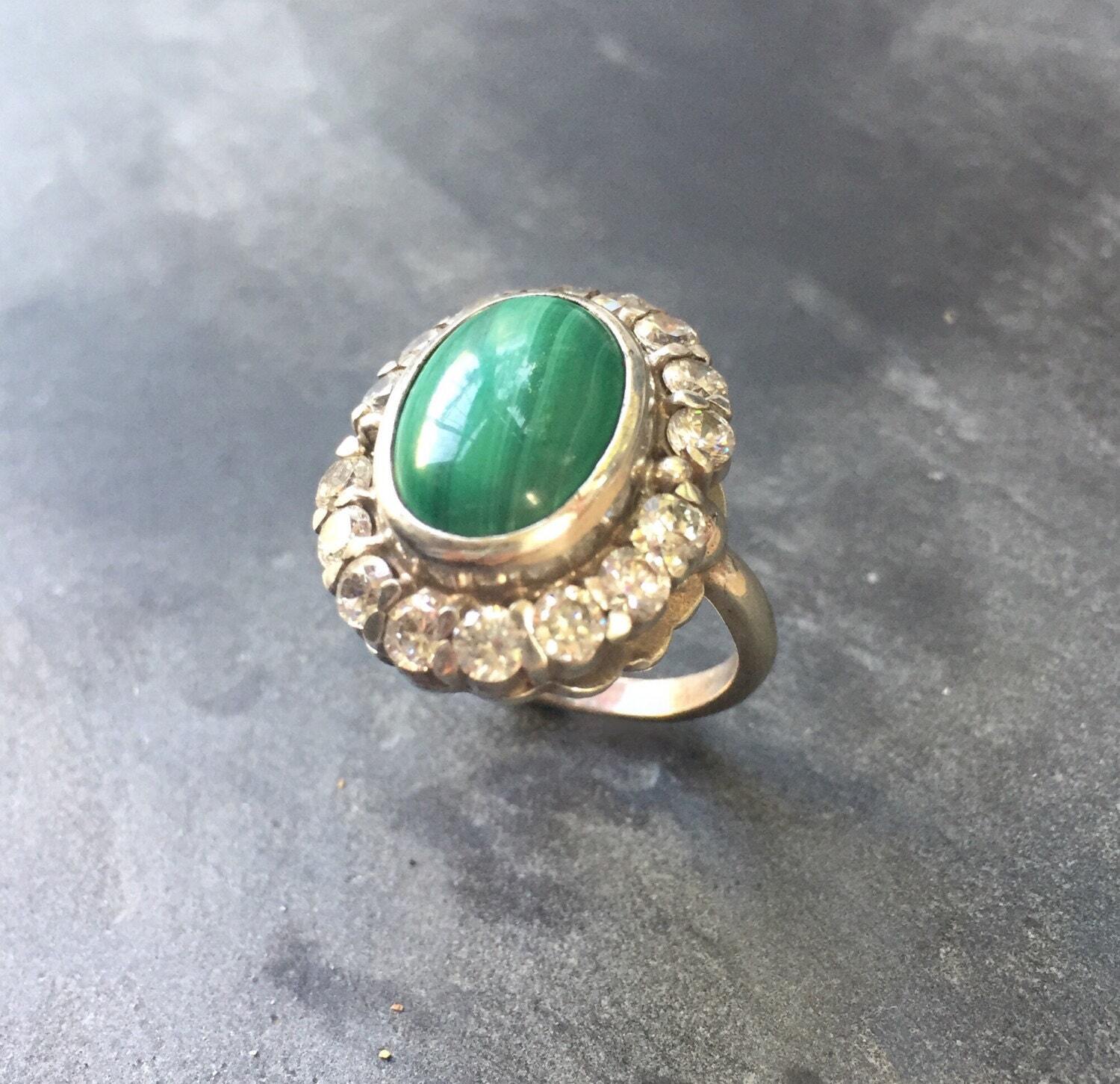 Malachite Ring, Victorian Ring, Vintage Ring, CZ Diamonds, 3 Carats, Natural Stone, Antique Ring, Antique Green Ring, Solid Silver Ring