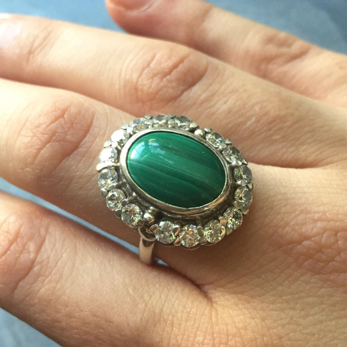 Malachite Ring, Victorian Ring, Vintage Ring, CZ Diamonds, 3 Carats, Natural Stone, Antique Ring, Antique Green Ring, Solid Silver Ring