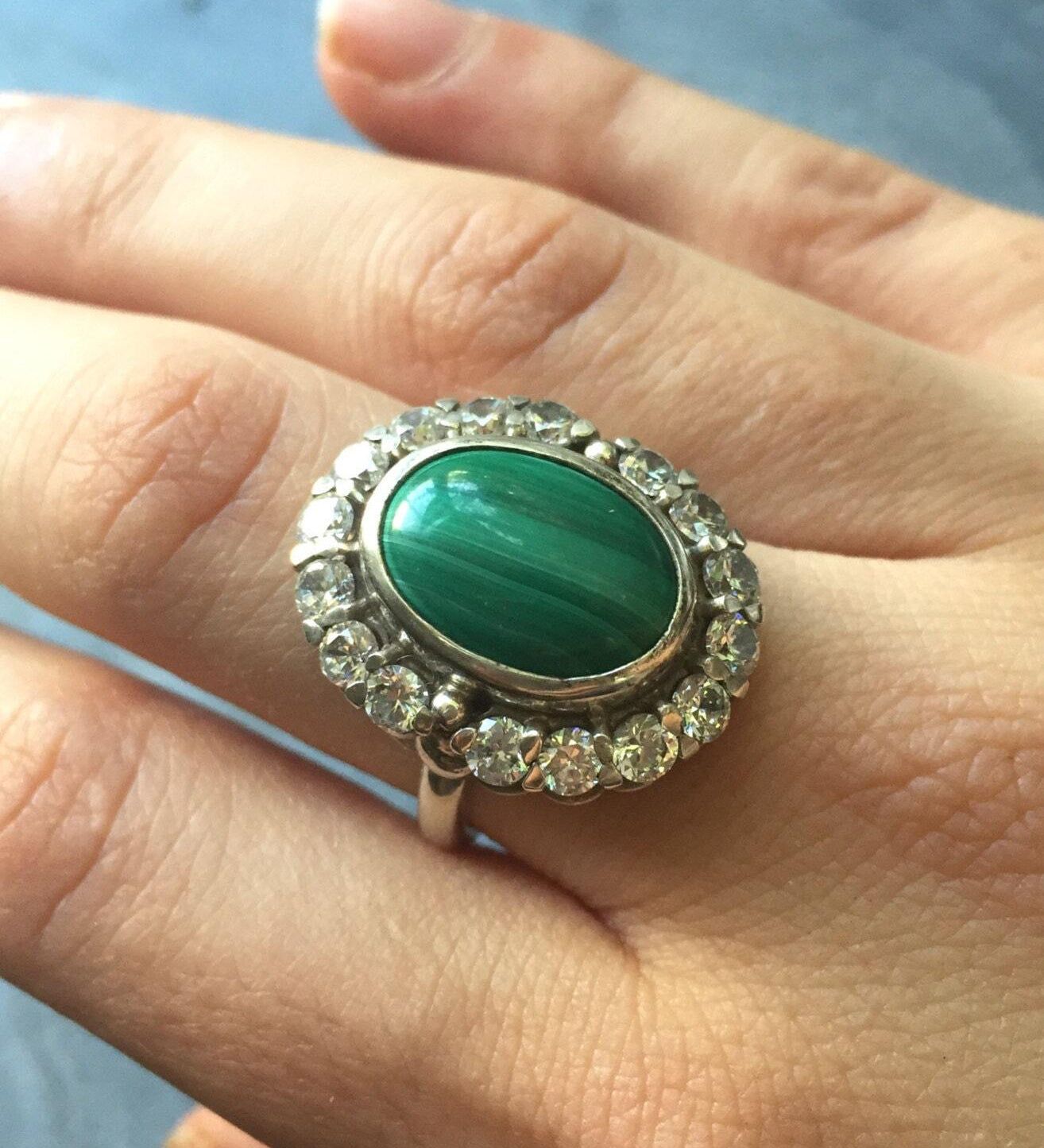 Malachite Ring, Victorian Ring, Vintage Ring, CZ Diamonds, 3 Carats, Natural Stone, Antique Ring, Antique Green Ring, Solid Silver Ring