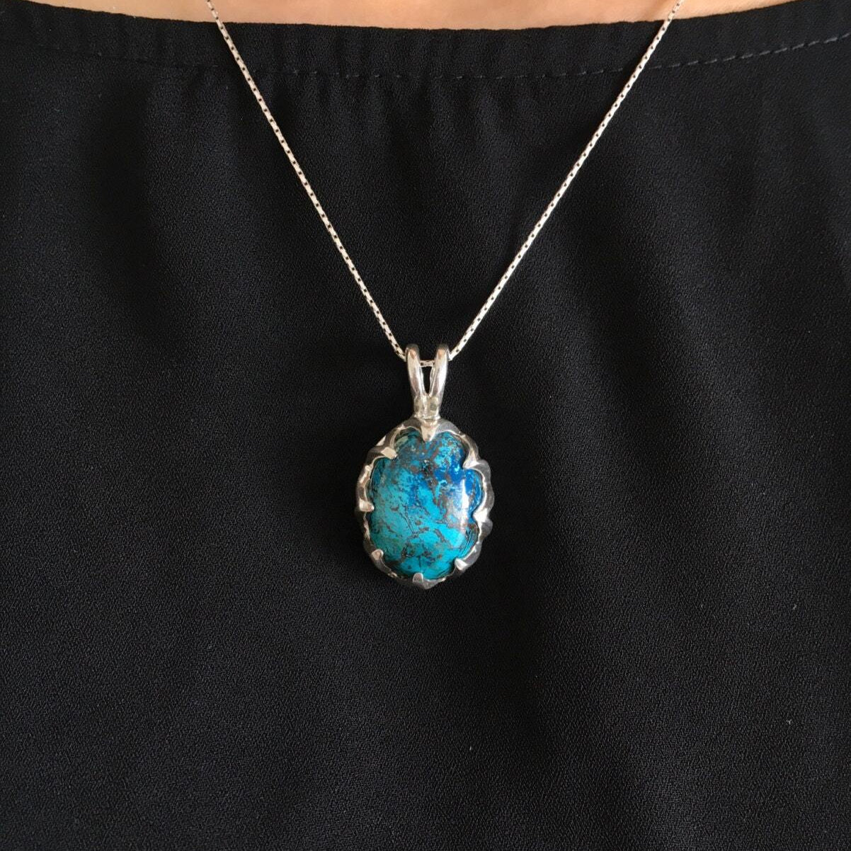 Blue Chrysocolla Pendant, Natural Chrysocolla, Sagittarius Pendant, Oval Pendant, Vintage Pendant, Gemstone Pendant, Solid Silver Pendant