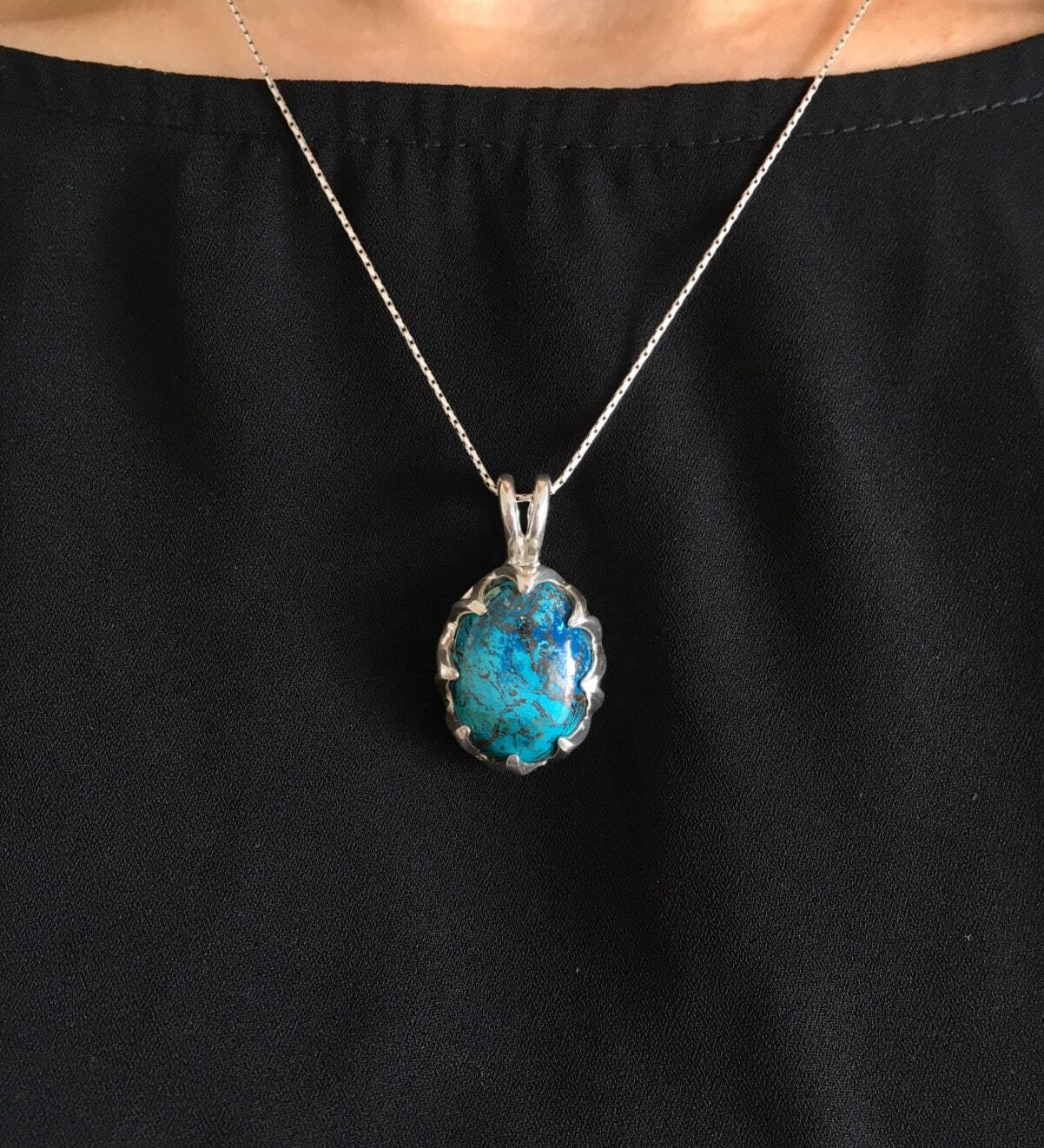 Blue Chrysocolla Pendant, Natural Chrysocolla, Sagittarius Pendant, Oval Pendant, Vintage Pendant, Gemstone Pendant, Solid Silver Pendant