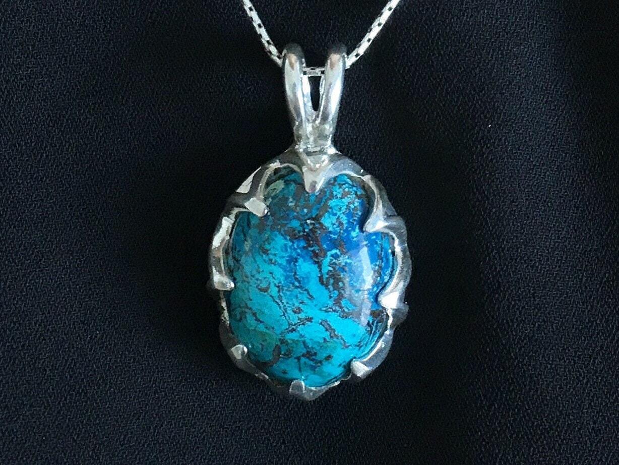 Blue Chrysocolla Pendant, Natural Chrysocolla, Sagittarius Pendant, Oval Pendant, Vintage Pendant, Gemstone Pendant, Solid Silver Pendant