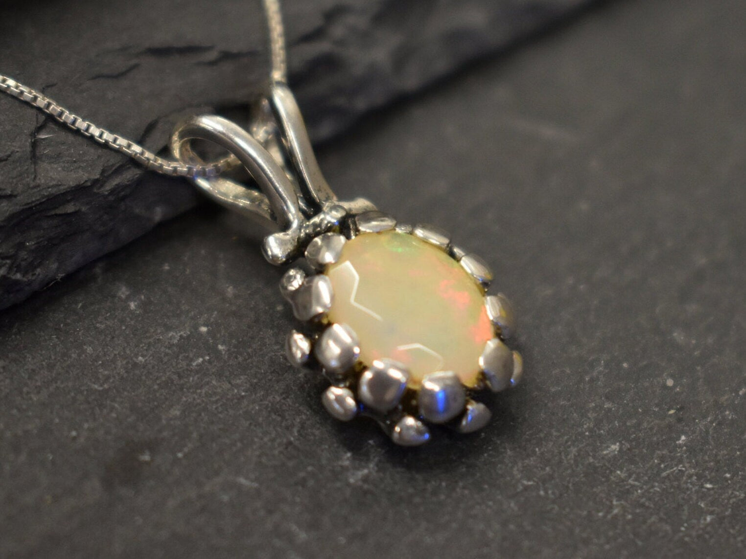 Fire Opal Pendant, Natural Fire Opal, Opal Necklace, October Birthstone, Oval Pendant, Pine Cone Pendant, Vintage Pendant, Solid Silver