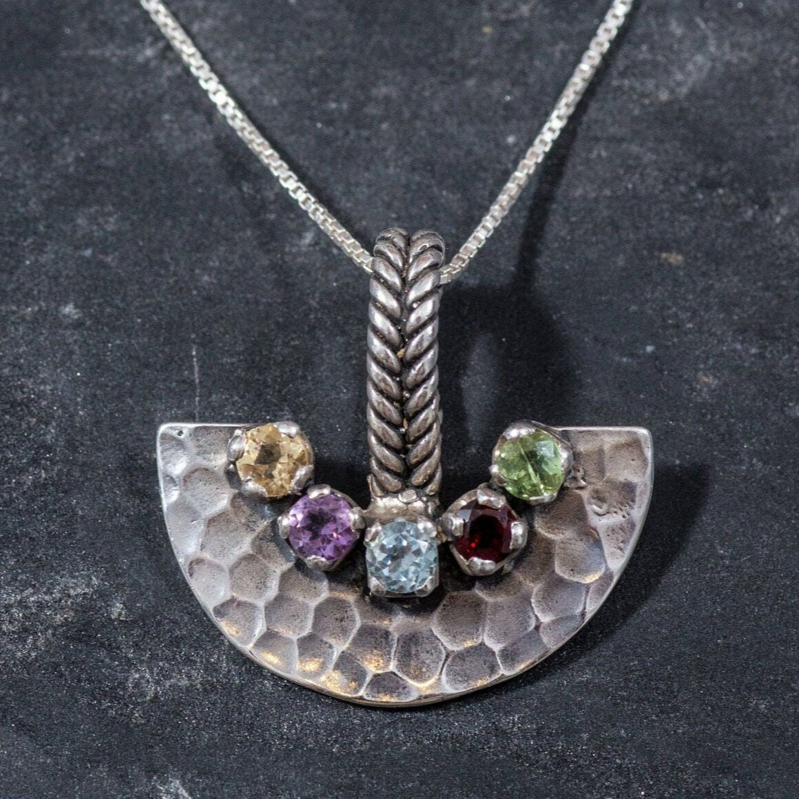 Multistone Pendant, Topaz Pendant, Topaz Gem Pendant, Birthstone Pendant, Half Moon Pendant, Solid Silver Pendant, Unique Pendant, Topaz