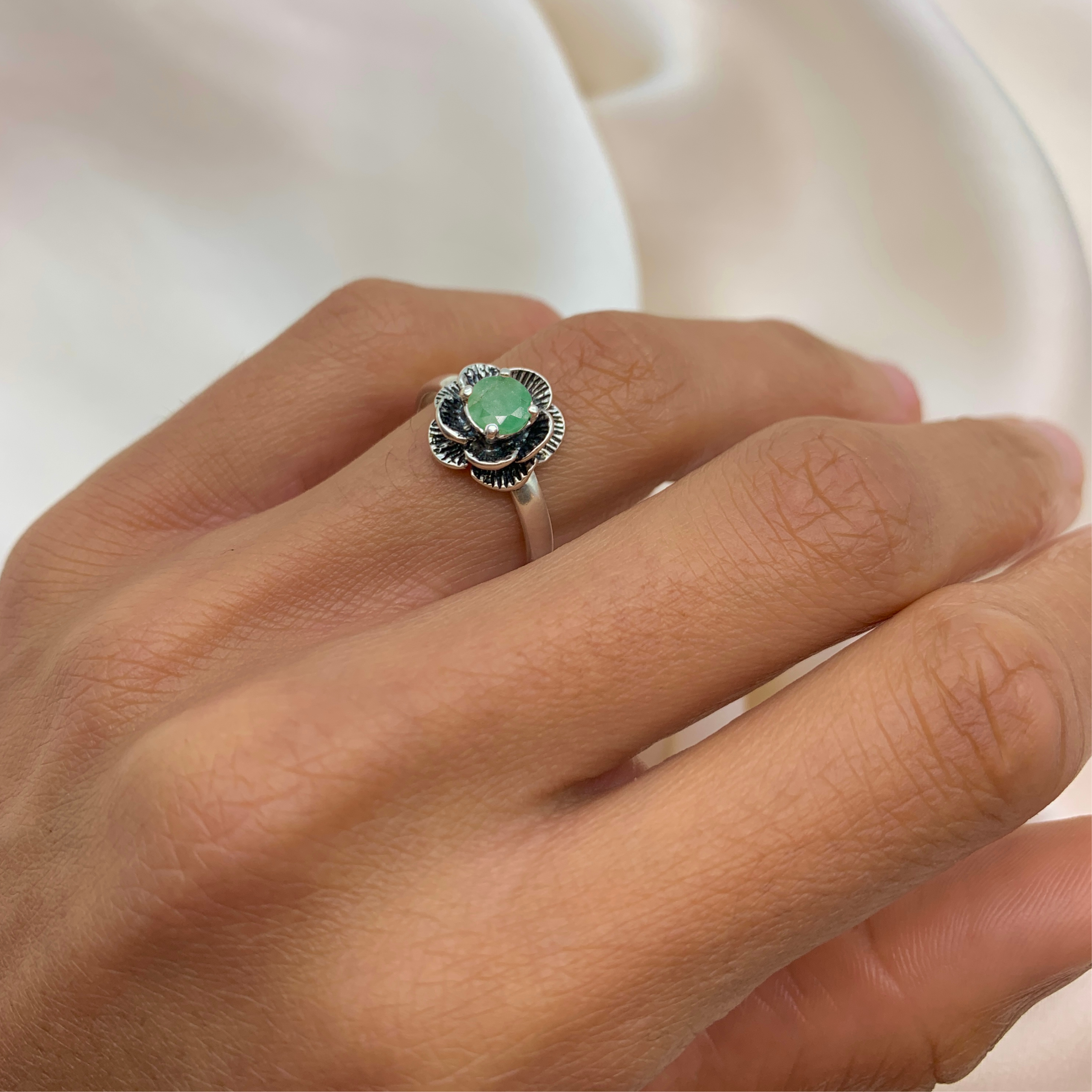Sterling Silver Natural Emerald Ring, prong set May birthstone, a symbol of harmony and growth, perfect for daily wear and gifting.