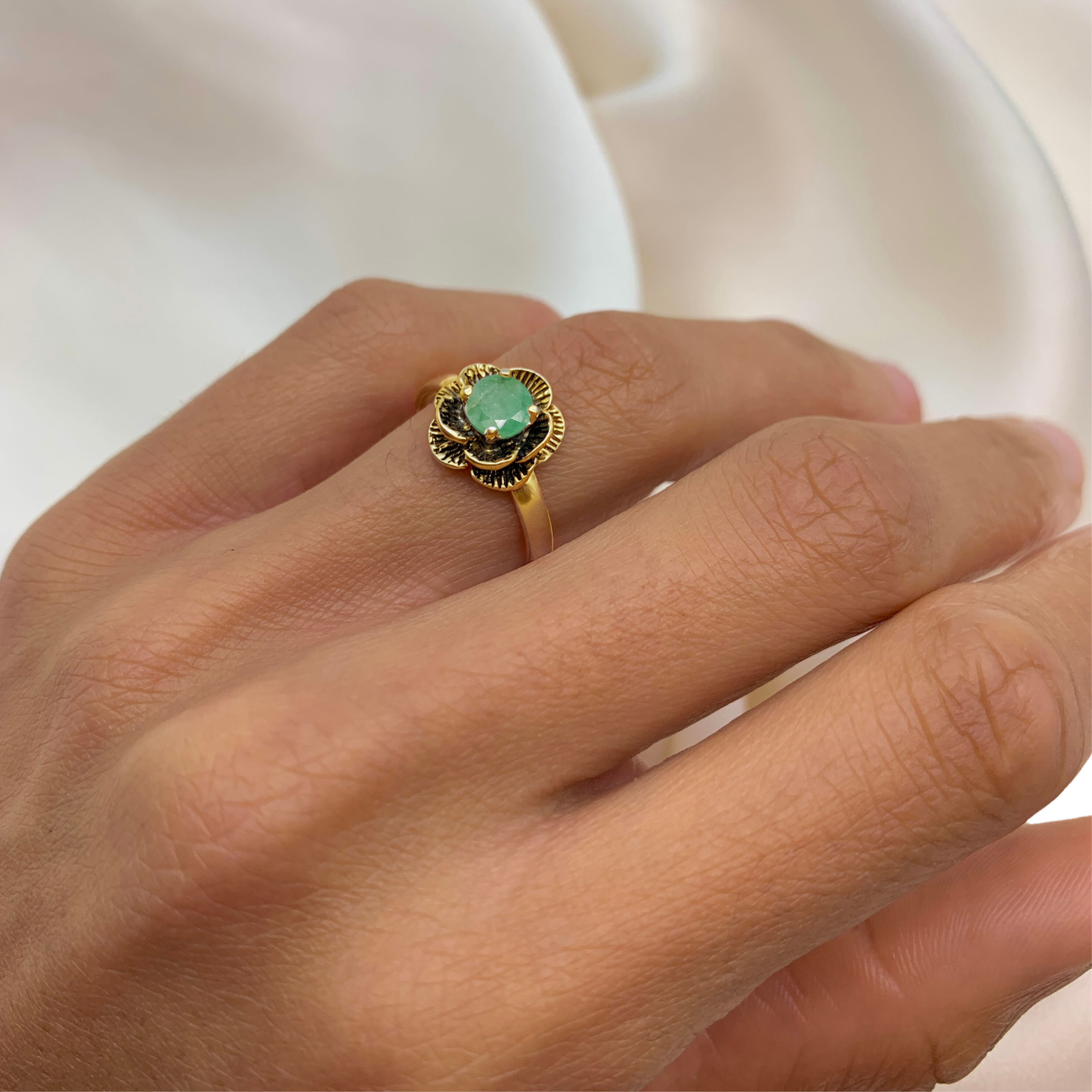 Elegant 18k Gold Vermeil Emerald Ring featuring a Round Natural Green Emerald, perfect for May birthdays and special occasions.