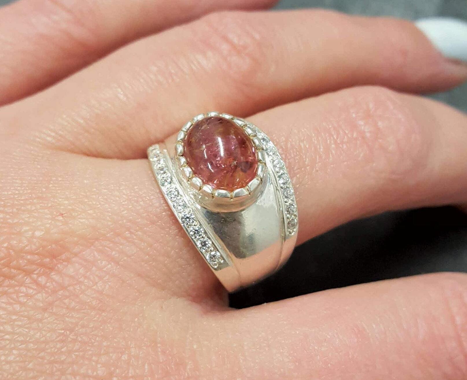 Pink Tourmaline Ring, Tourmaline Ring, Natural Tourmaline, October Ring, Wide Band Ring, Pink Vintage Ring, Solid Silver Ring, Tourmaline